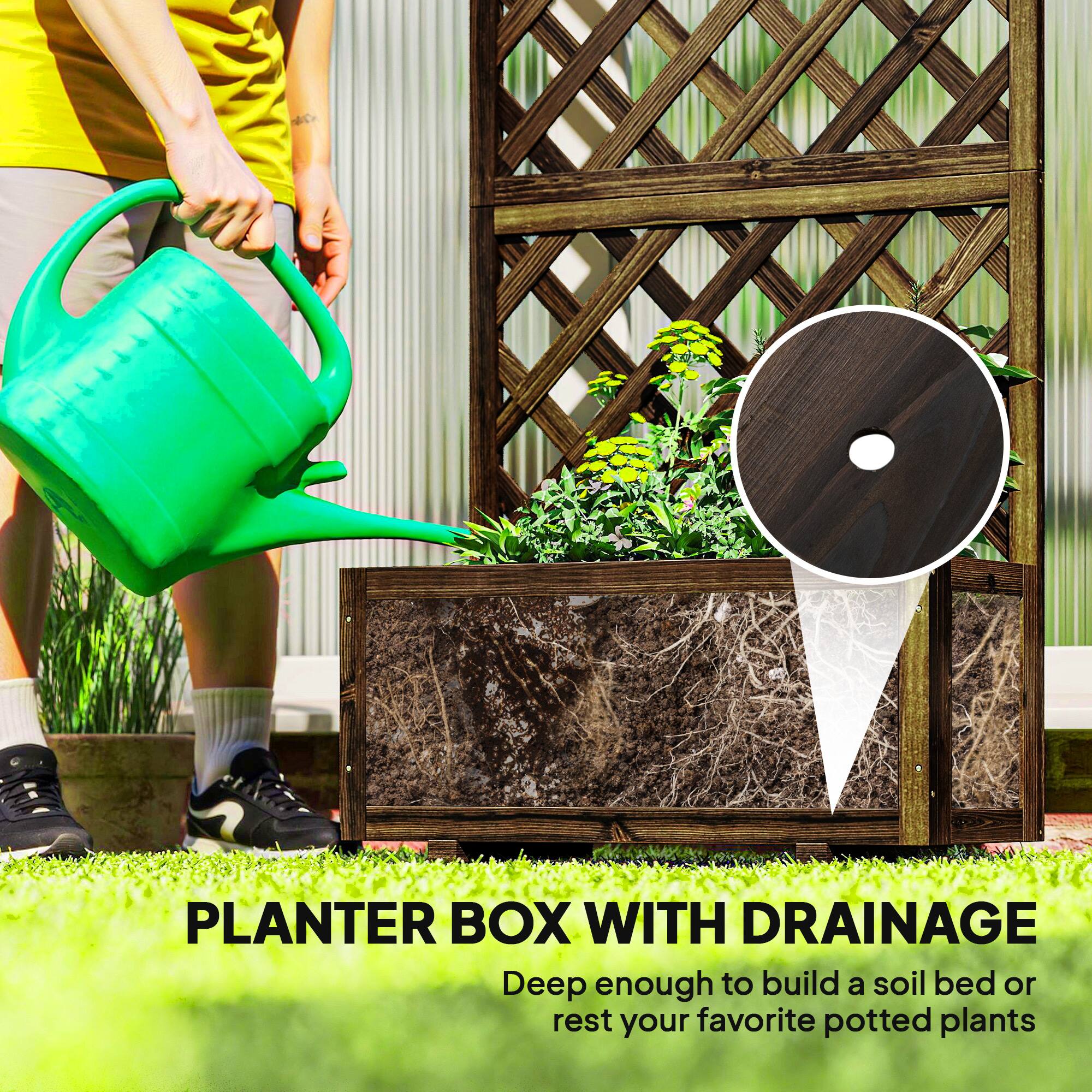 PLANTER BOX WITH DRAINAGE  
Deep enough to build a soil bed or rest your favorite potted plants