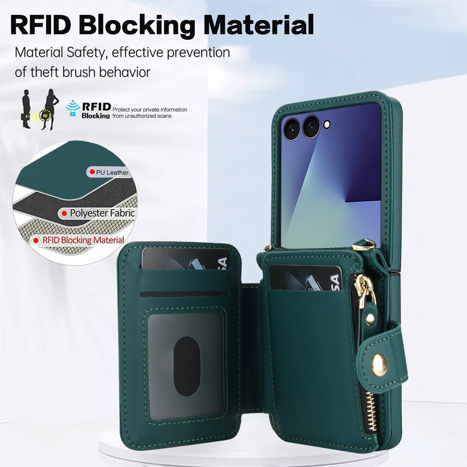 RFID Blocking Material  
Material Safety, effective prevention of theft brush behavior  

RFID Protect your private information from unauthorized scans  

PU Leather  
Polyester Fabric  
RFID Blocking Material