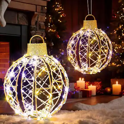 Front. RTMB - 2-Pack 12" Hanging LED Christmas Light Balls, Outdoor/Indoor Waterproof Lighted Spheres with 120 Warm White LEDs - gold.