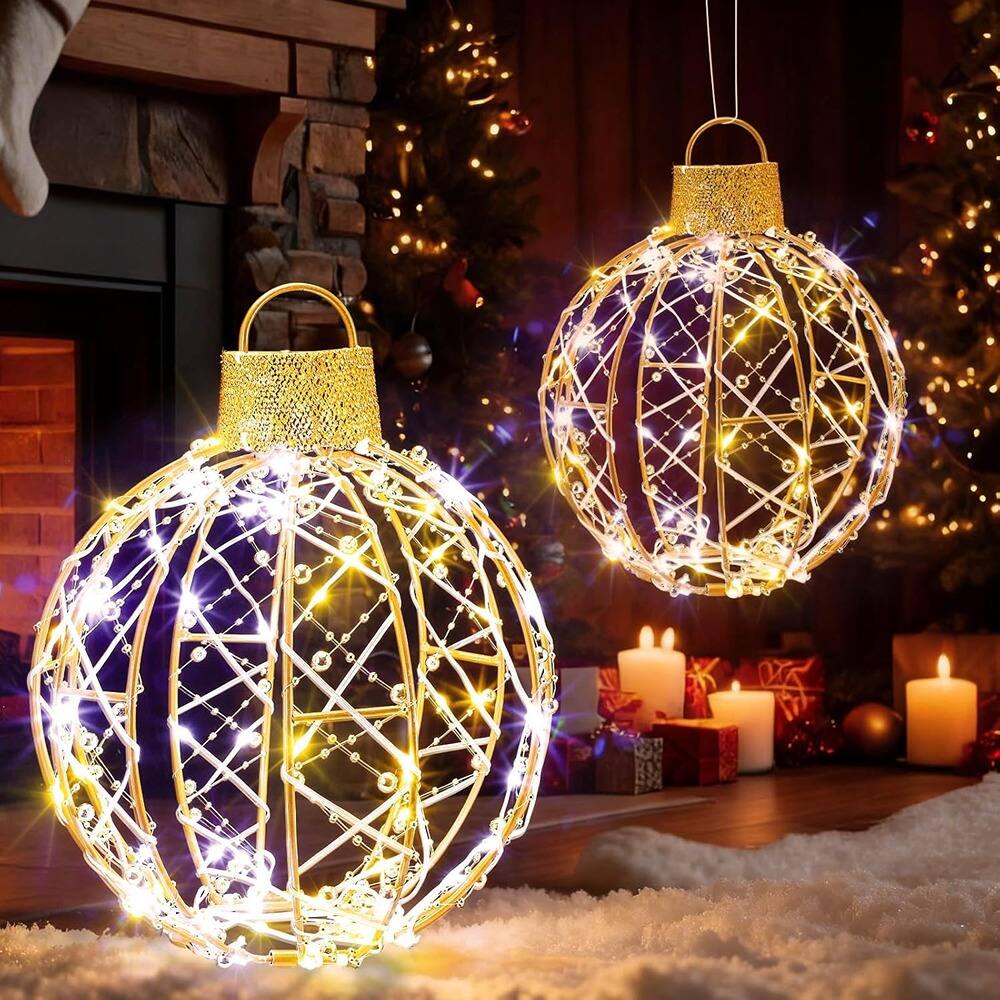 Front. RTMB - 2-Pack 12" Hanging LED Christmas Light Balls, Outdoor/Indoor Waterproof Lighted Spheres with 120 Warm White LEDs - gold.