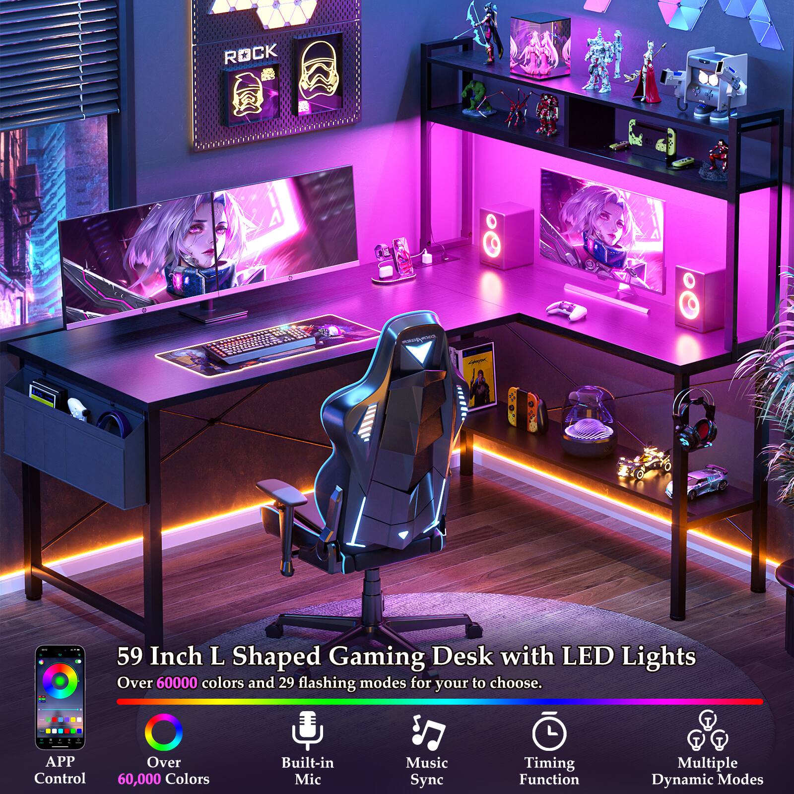 ROCK  
HIDEA  
AGEN E300  

1  
59 Inch L Shaped Gaming Desk with LED Lights Over 60000 colors and 29 flashing modes for your to choose.  
APP Control  
Over 60,000 Colors  
Built-in Mic  
Music Sync  
Timing Function  
Multiple Dynamic Modes