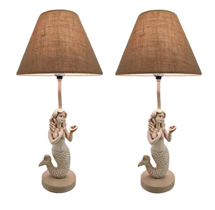 Front. Things2Die4 - Pair of Antique Stone Finish Mermaid Table Lamp with Burlap Shades - Beige.