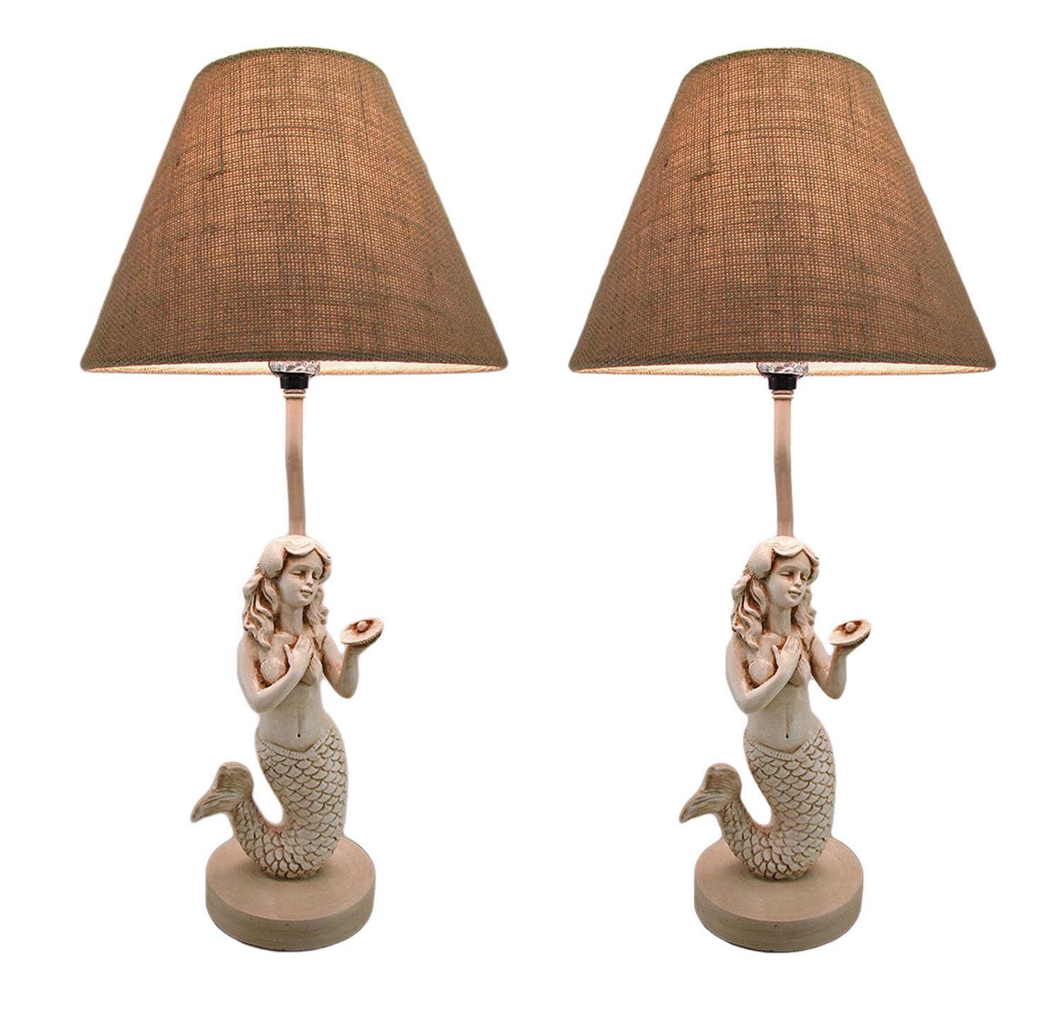 Front. Things2Die4 - Pair of Antique Stone Finish Mermaid Table Lamp with Burlap Shades - Beige.