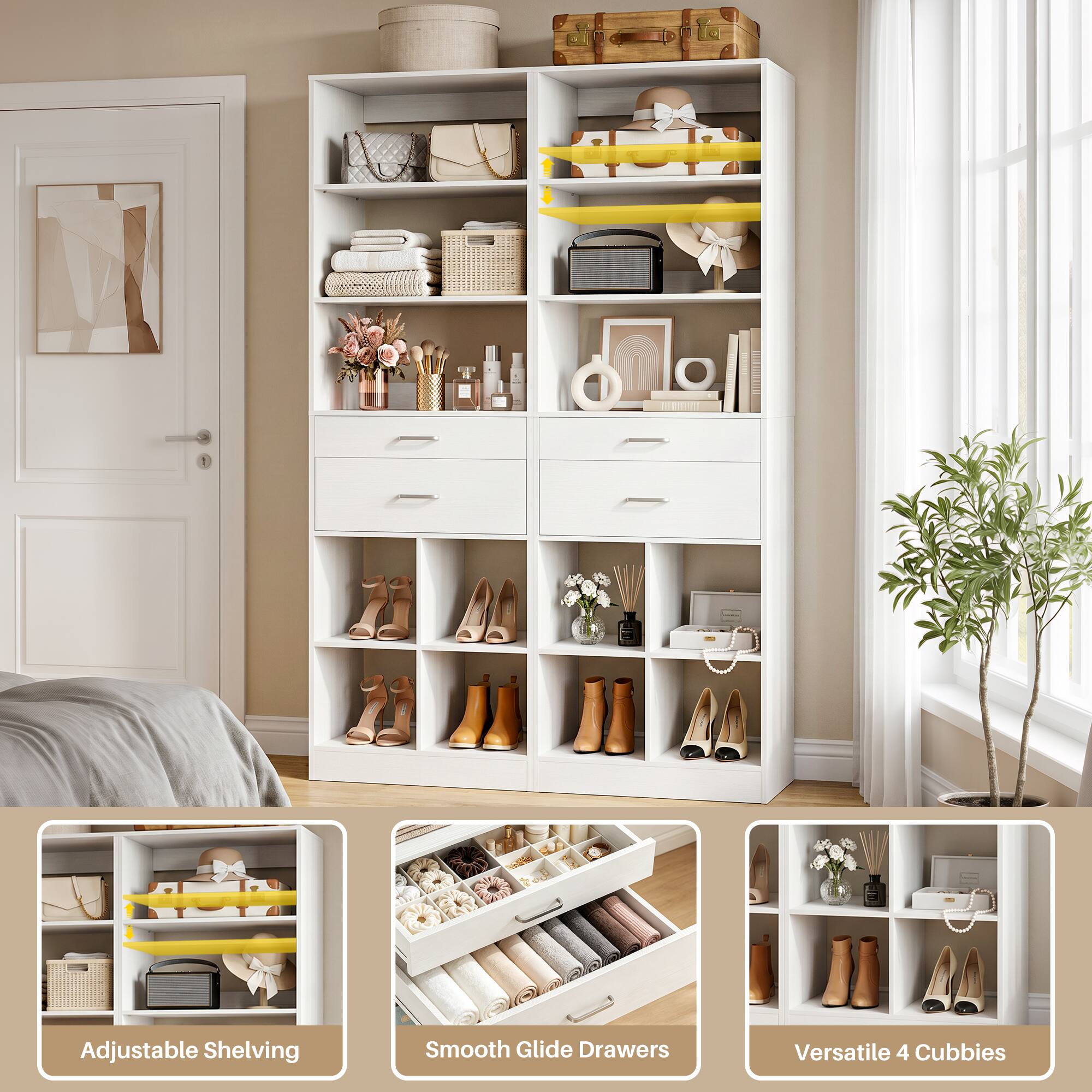 Adjustable Shelving  
Smooth Glide Drawers  
Versatile 4 Cubbies