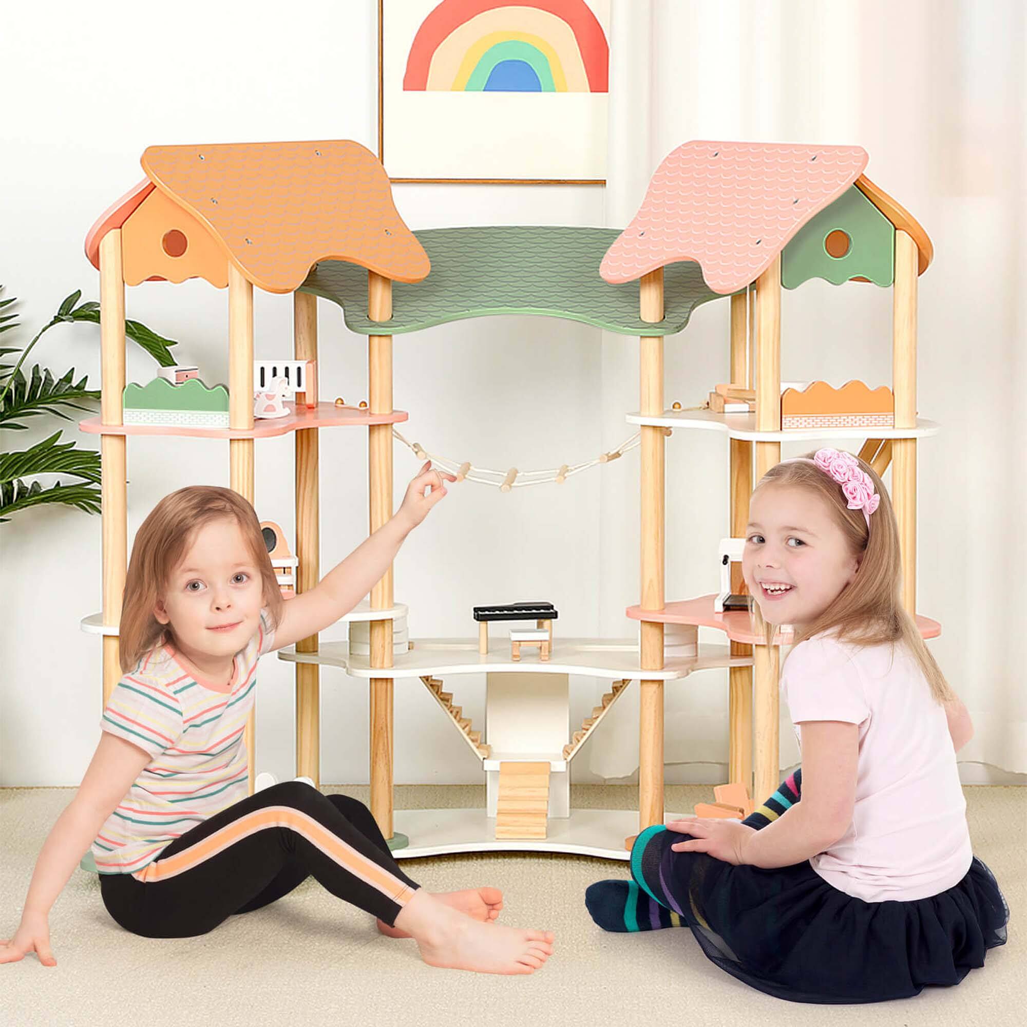 Alt View 3. Costway - Costway 6Kids Wooden Dollhouse Aged 3-8 Years Old with 32PCS Realistic Furniture Accessories - Multicolour.