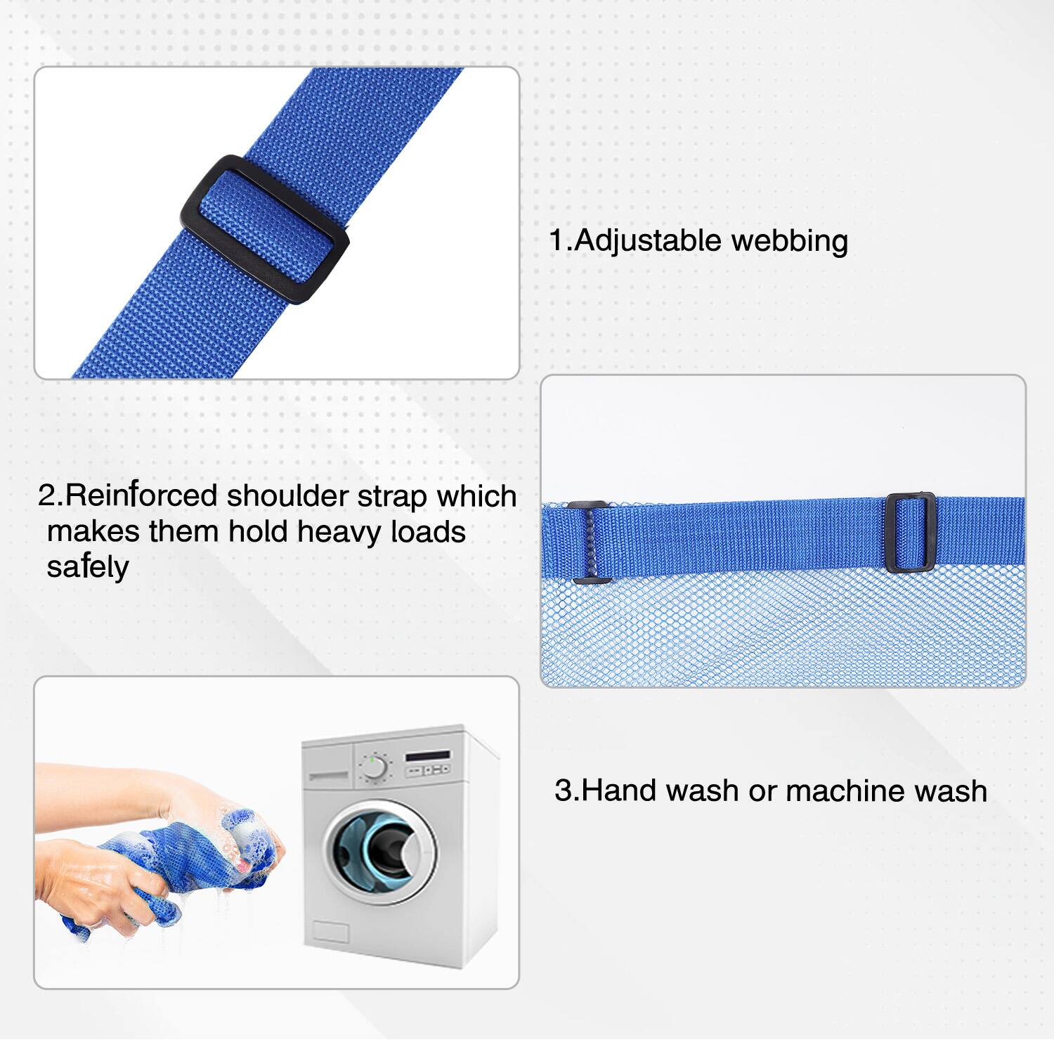 1. Adjustable webbing
2. Reinforced shoulder strap which makes them hold heavy loads safely
3. Hand wash or machine wash