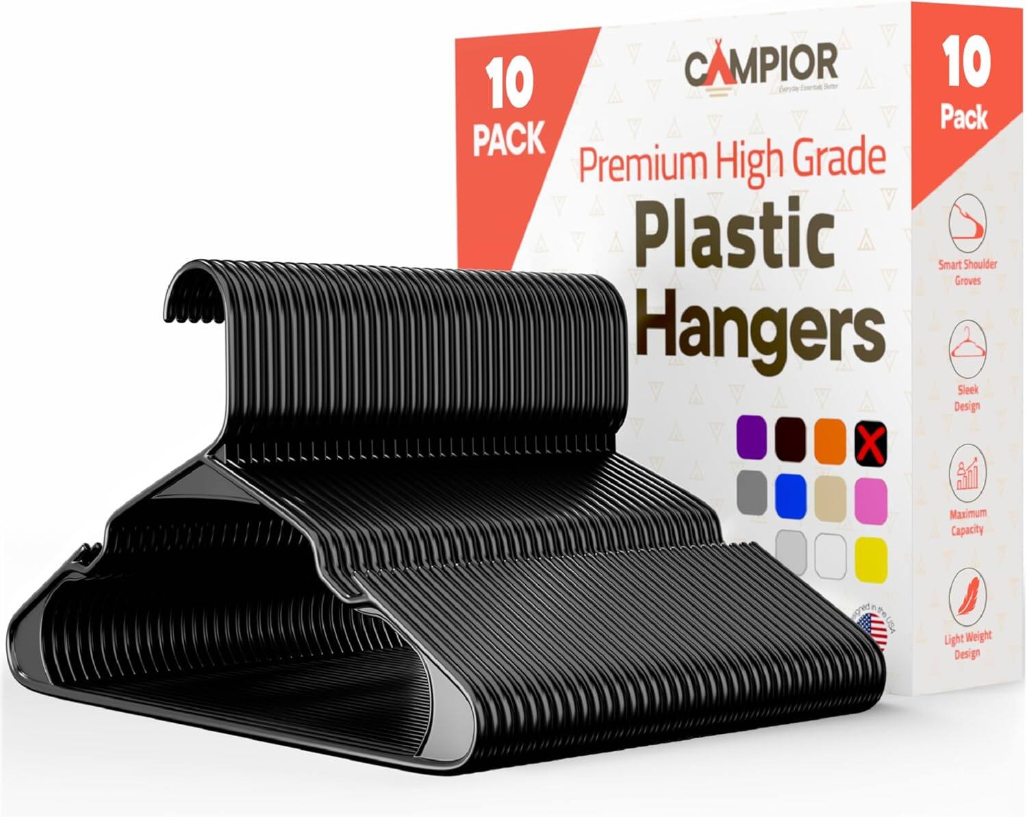CAMPIOR 10 Pack Premium High Grade Plastic Hangers Smart Shoulder Groves Sleek Design Maximum Capacity Light Weight Design