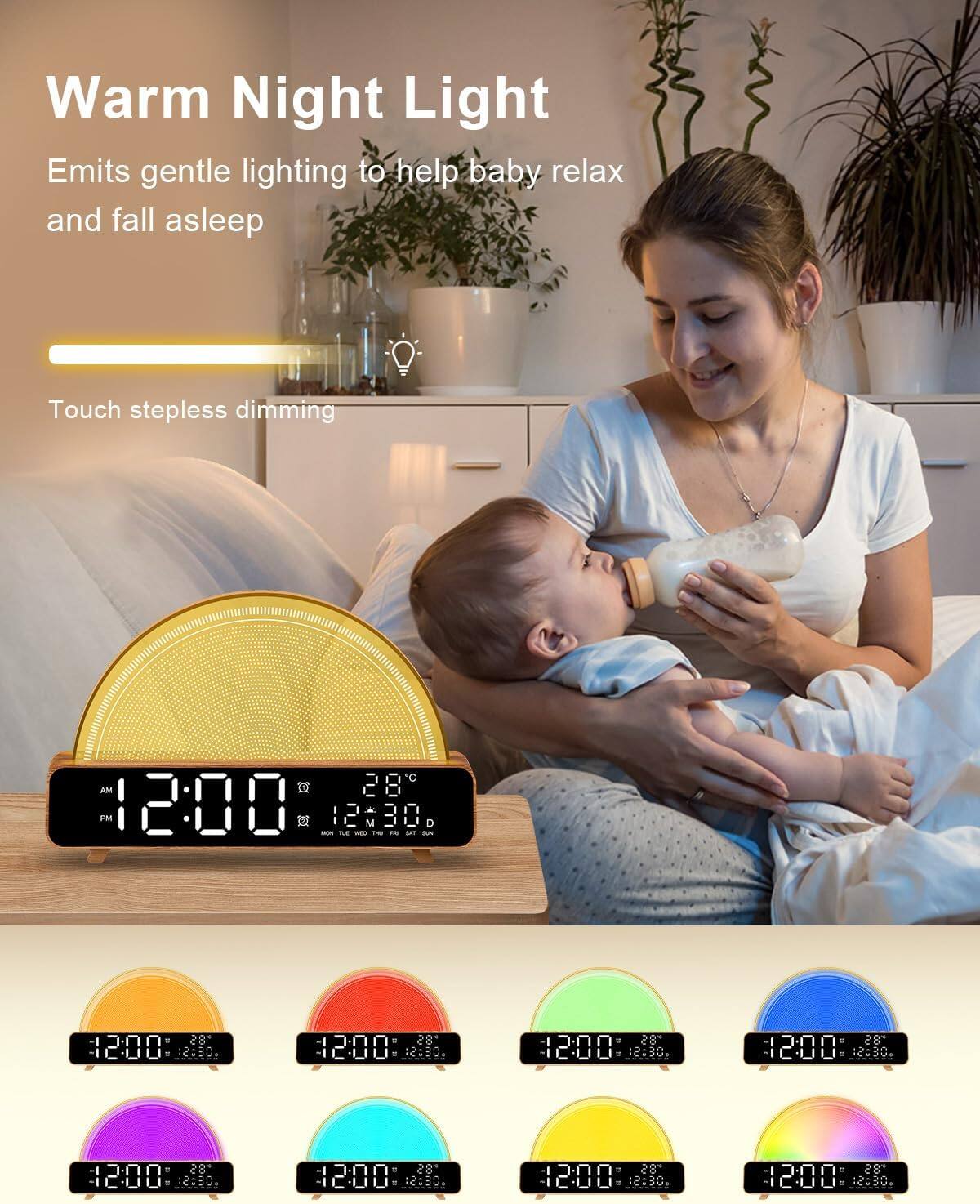 Warm Night Light  
Emits gentle lighting to help baby relax and fall asleep  

Touch stepless dimming  

12:00 AM - 12:30 AM  
28°C  

12:00 PM - 12:30 PM  
28°C  

12:00 AM - 12:30 AM  
28°C  

12:00 PM - 12:30 PM  
28°C  

12:00 AM - 12:30 AM  
28°C  

12:00 PM - 12:30 PM  
28°C  

12:00 AM - 12:30 AM  
28°C  

12:00 PM - 12:30 PM  
28°C