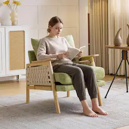 Winado - Boho Rattan Braided Chenille Accent Chair with Solid Wood, Wide Armrests,with Lumbar Pillow & Rope Arms for Living Room - Sage Green