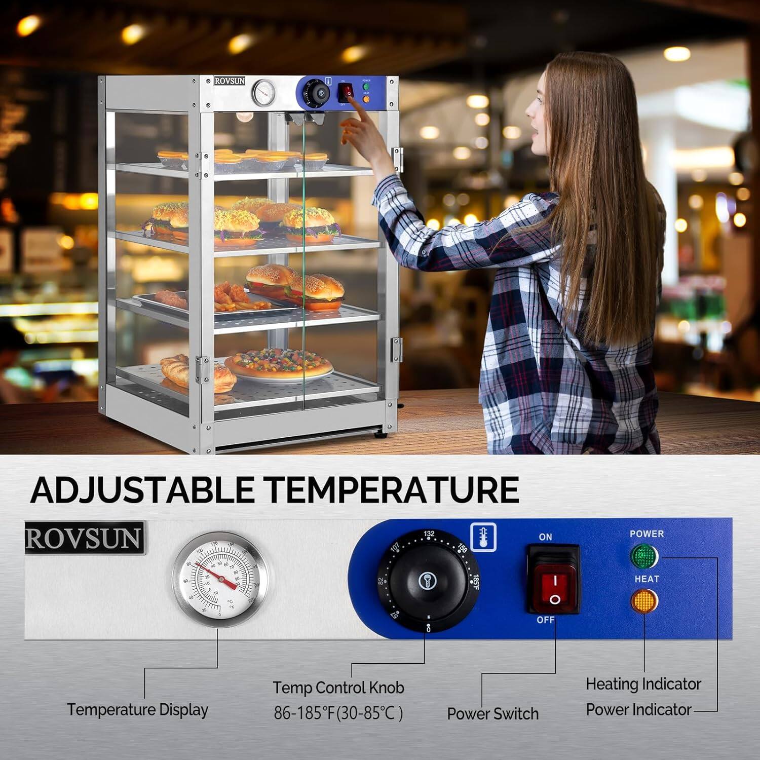 ROVSUN

ADJUSTABLE TEMPERATURE

- Temperature Display
- Temp Control Knob (86-185°F / 30-85°C)
- Power Switch
- Heating Indicator
- Power Indicator