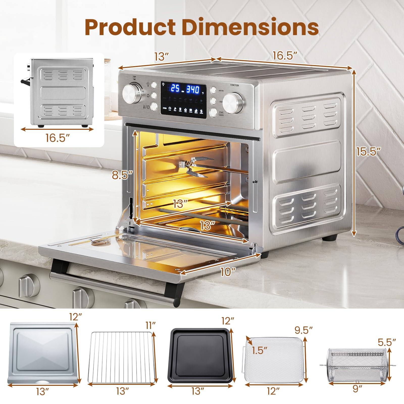 Product Dimensions:  
- 13" x 16.5" x 8.5"  
- 16.5" x 15.5" x 13"  
- 13" x 13" x 10"  
- 12" x 11" x 12"  
- 1.5" x 9.5" x 5.5"  
- 13" x 13" x 13"  
- 12" x 9"