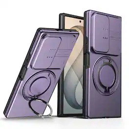 Dteck - Heavy Duty Case for Samsung Galaxy Z Fold8 Ultra w/ Foldable Ring Stand,Bulit in Slide Lens Cover,Fit Magnetic Car Mount - Purple