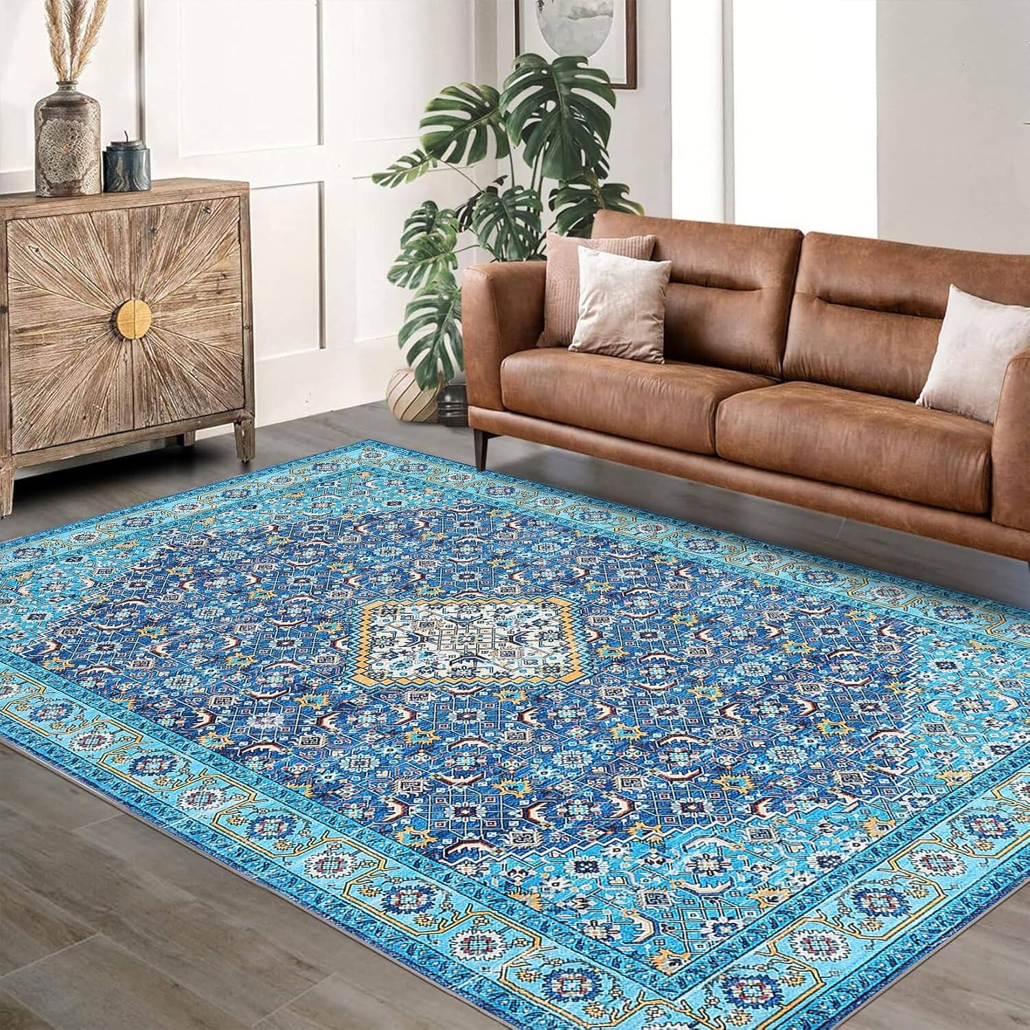 Acekool - Vintage Area Rug 8x10, Stain Resistant, Machine Washable, Non-Slip, Low-Pile, Foldable, Indoor Carpet - Blue Hue