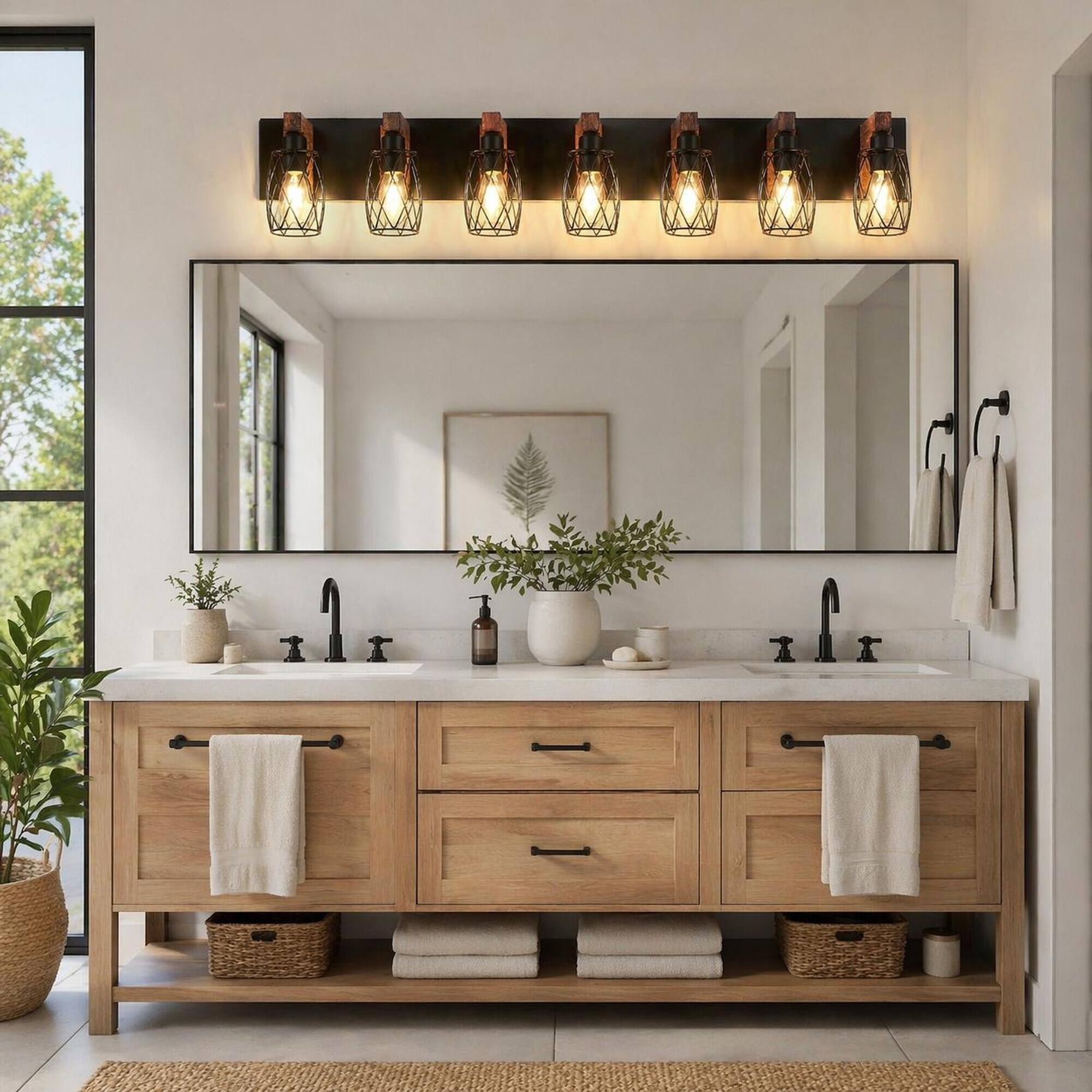 Left. RYHNUYNE - Industrial 7‑Light Wall Sconce, Black Wall Light with Wood Accents, Bathroom Vanity Wall Lighting Fixture for Hallway - Walnut.