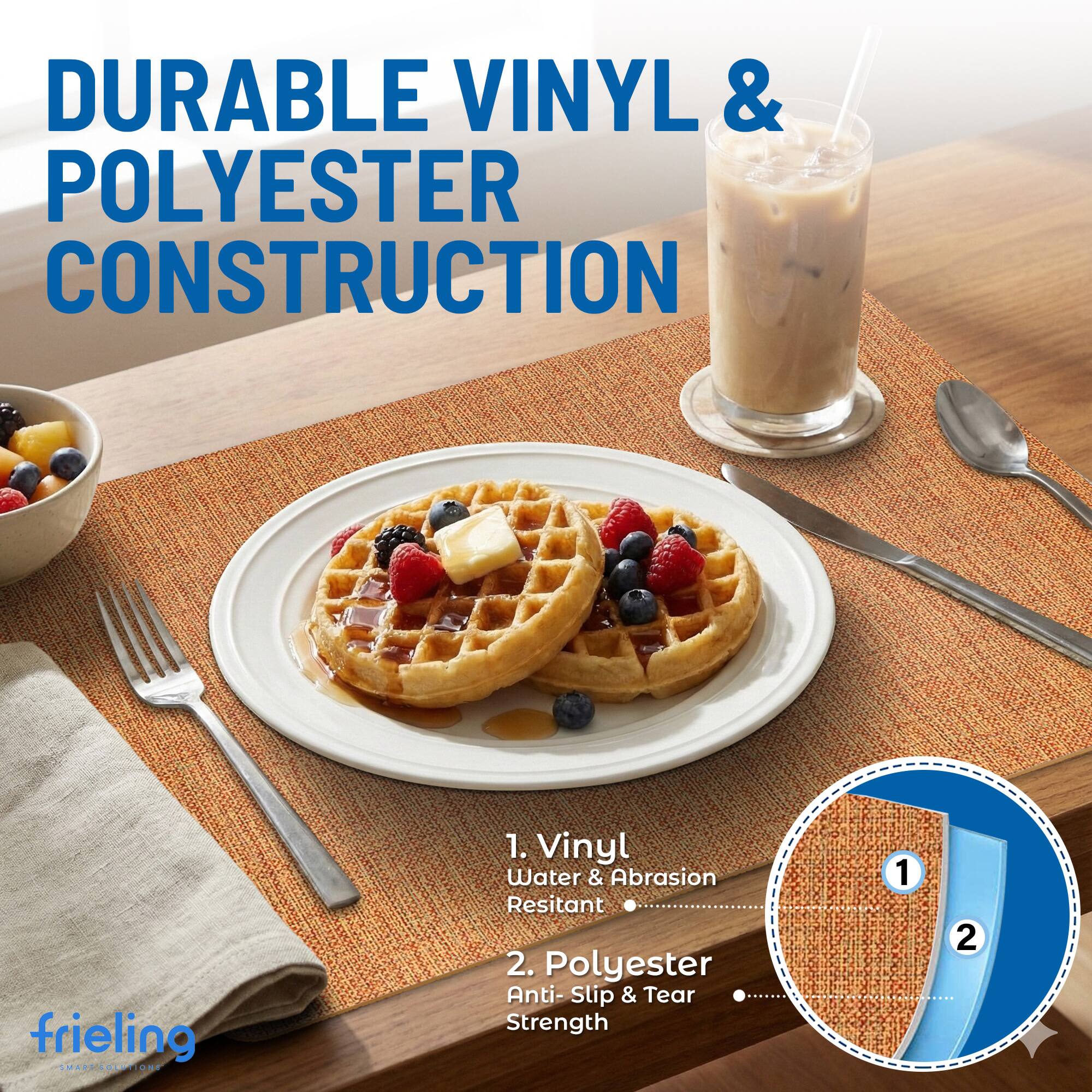 DURABLE VINYL & POLYESTER CONSTRUCTION

1. Vinyl Water & Abrasion Resistant
2. Polyester Anti-Slip & Tear Strength

frieling SMARSSOLUTIONS