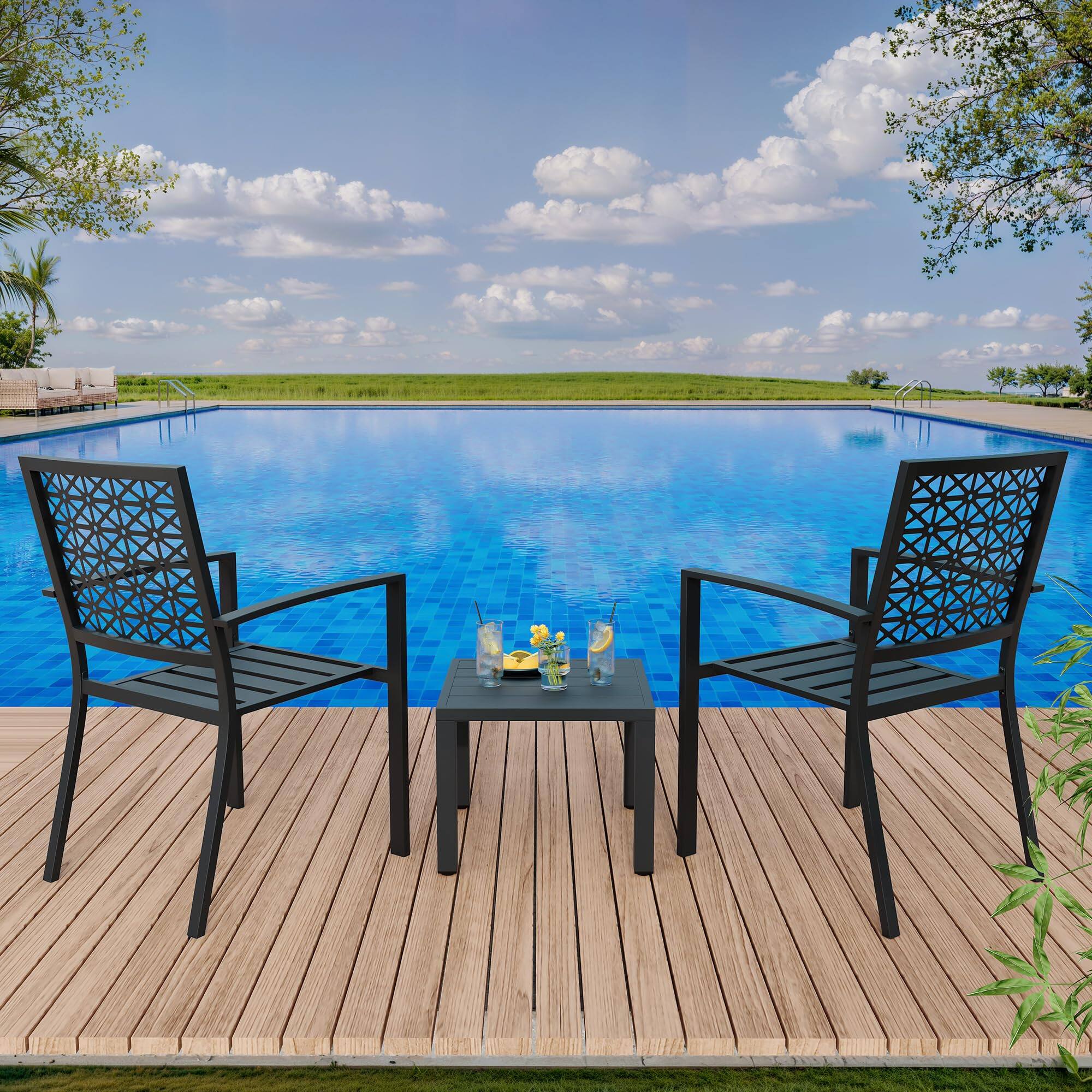 Alt View 2. Homhougo - 3-Piece Bistro Set, Outdoor Bistro Set, Stackable Metal Square Table and Chairs - Black.