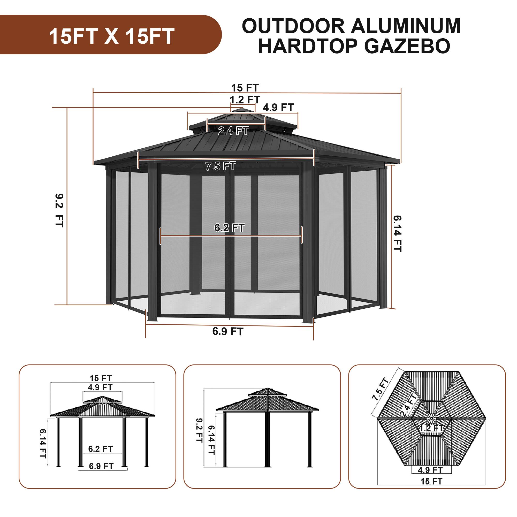 Mondawe 15x15Ft Hardtop Gazebo Outdoor Hexagon Gazebo with Iron