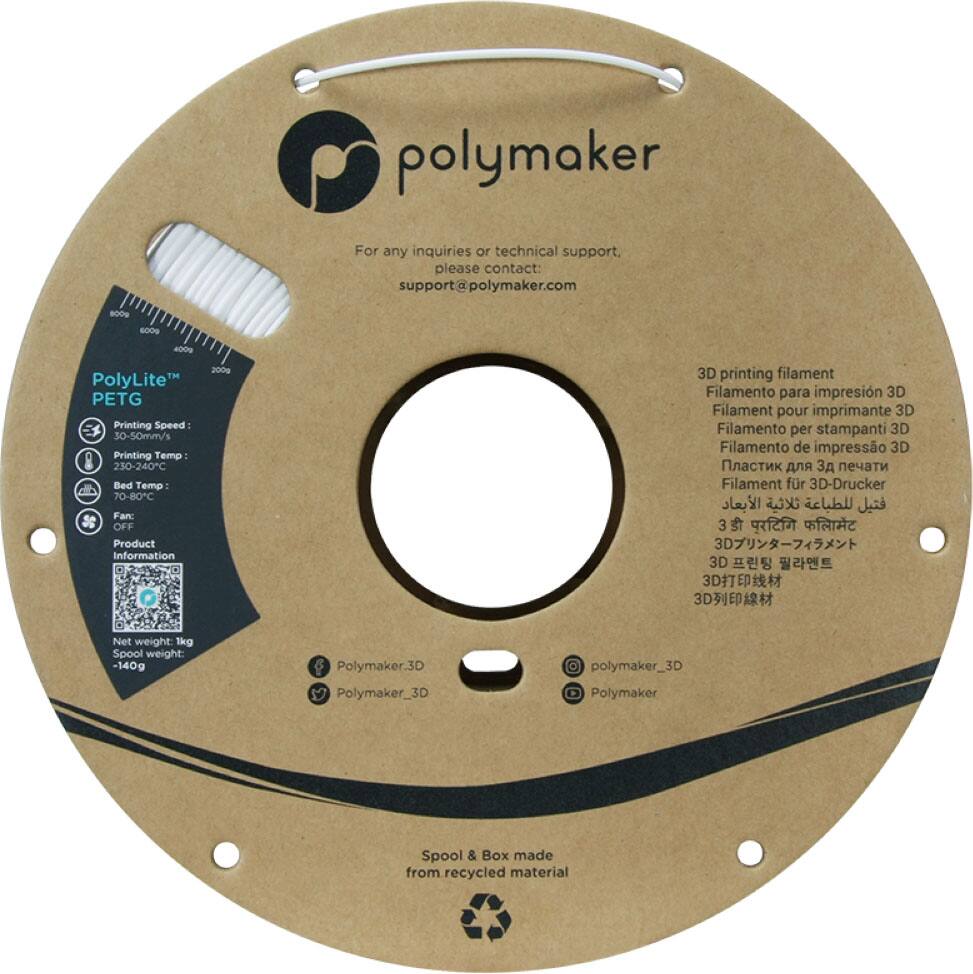 Polymaker is a company that offers technical support and 3D printing filament. They have a variety of products available, including PolyLite PETG, which is a 3D printing filament with a printing speed of 30-50mm/s, a printing temperature of 230-240C, a bed temperature of 70-80C, and a fan setting of S OFF. The product comes in a spool and box made from recycled material. For any inquiries or technical support, customers can contact the company at [support@polymaker.com](mailto:support@polymaker.com).
