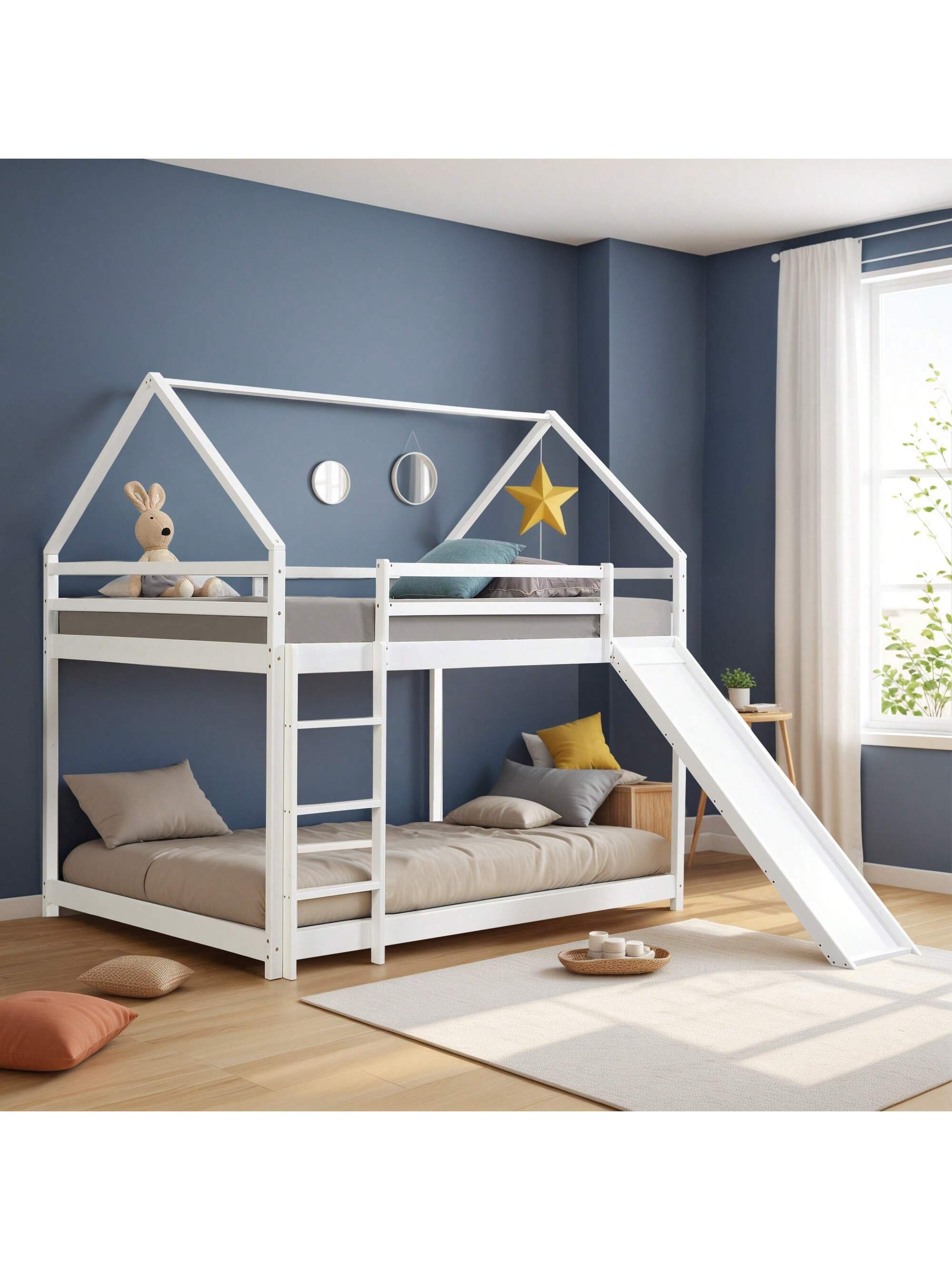 Angle. Trinkets Crazed - Full Over Full House Bunk Bed With Slide & Ladder, Wood Full Size Kids Bunk Bed With Roof - White.