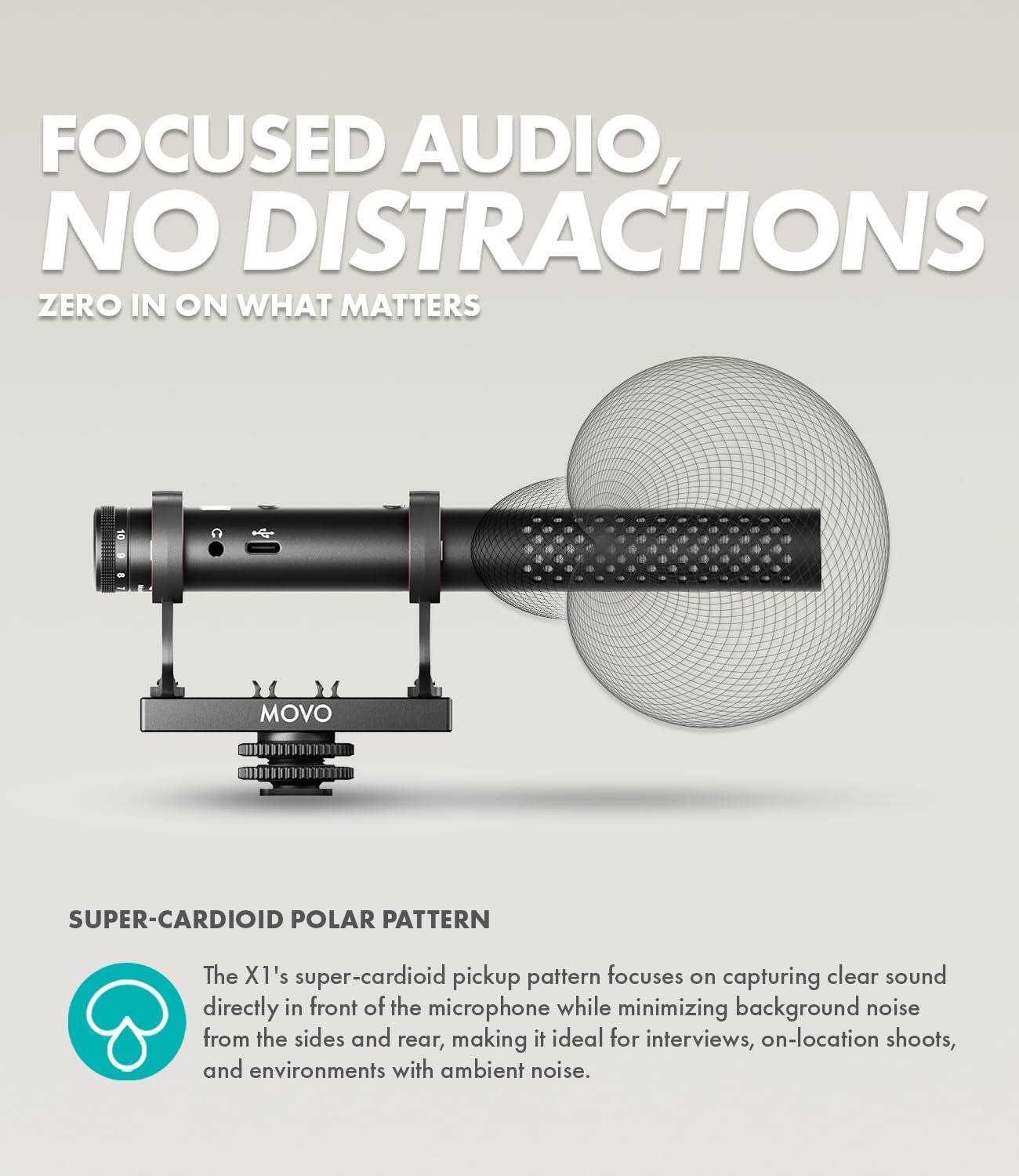 FOCUSED AUDIO, NO DISTRACTIONS  
ZERO IN ON WHAT MATTERS  

SUPER-CARDIOID POLAR PATTERN  

The X1's super-cardioid pickup pattern focuses on capturing clear sound directly in front of the microphone while minimizing background noise from the sides and rear, making it ideal for interviews, on-location shoots, and environments with ambient noise.
