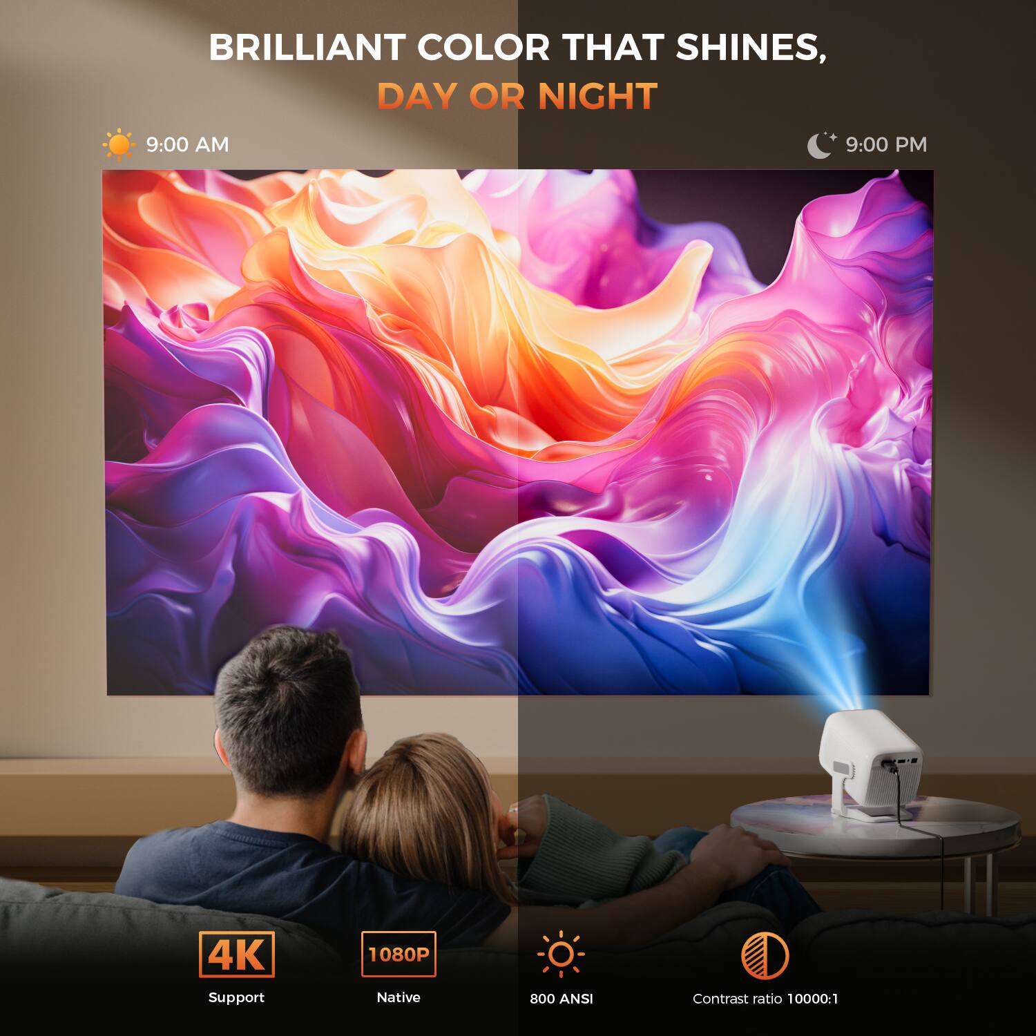 BRILLIANT COLOR THAT SHINES, DAY OR NIGHT

9:00 AM 9:00 PM

4K Support
1080P Native
800 ANSI
Contrast ratio 10000:1