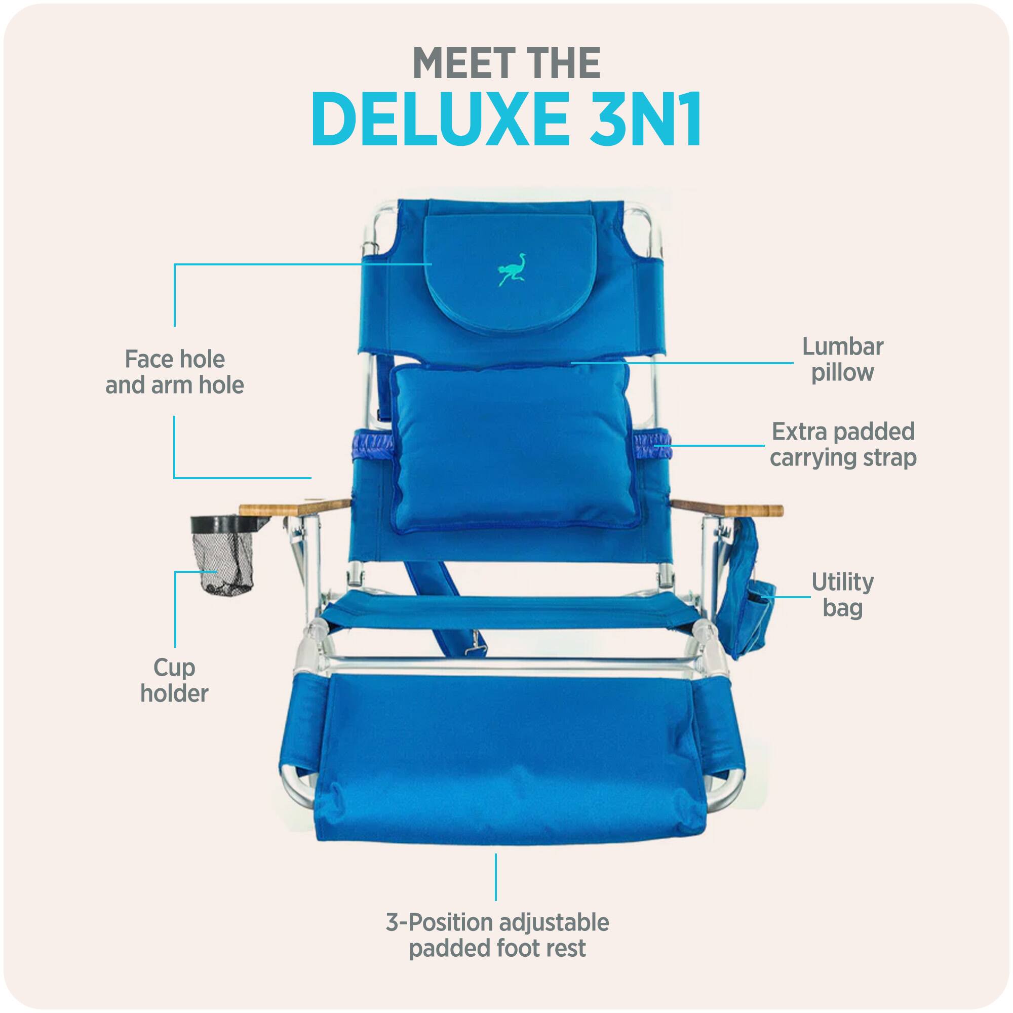 MEET THE DELUXE 3N1

- Face hole and arm hole
- Lumbar pillow
- Extra padded carrying strap
- Utility bag
- Cup holder
- 3-Position adjustable padded foot rest