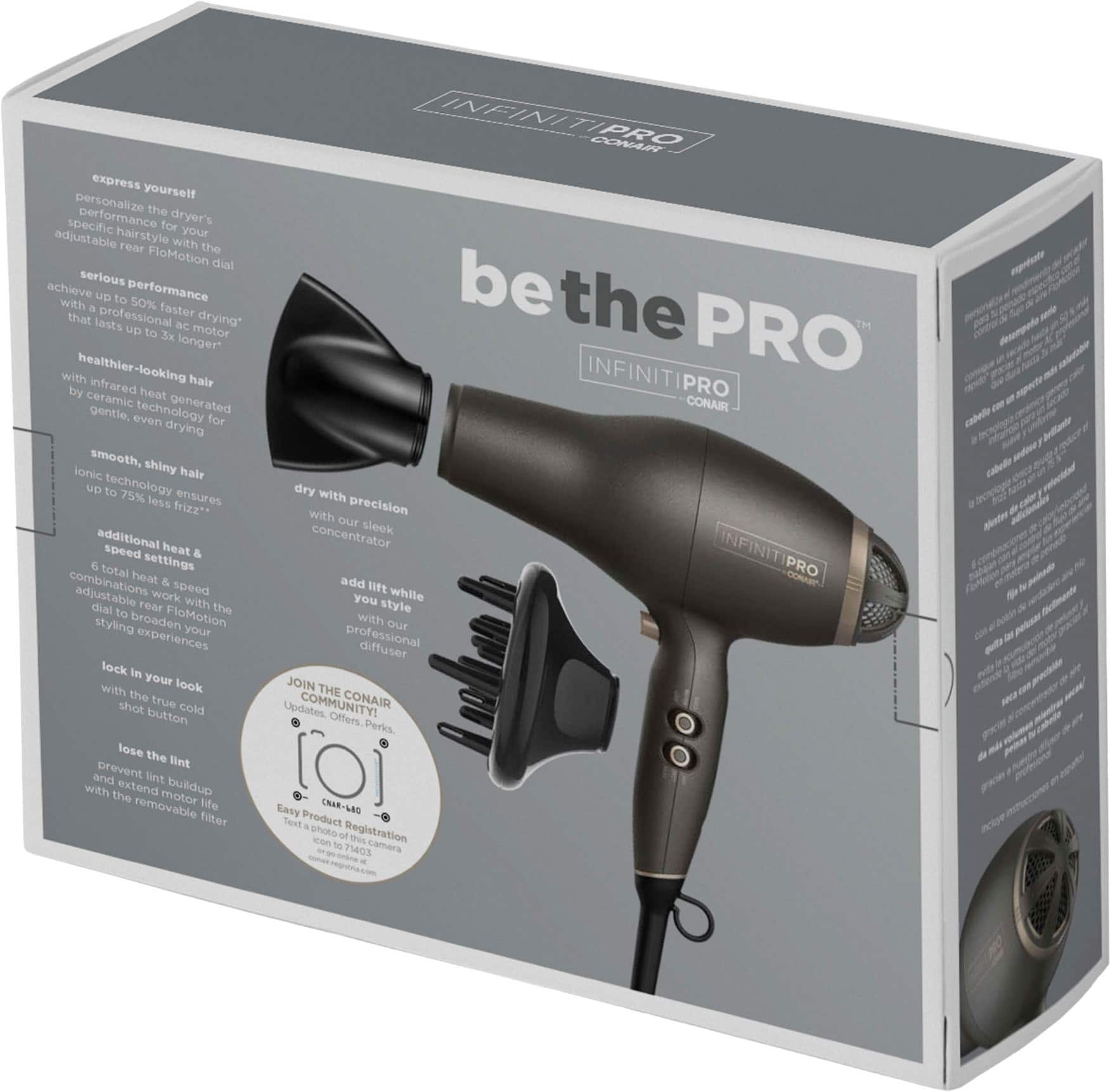 Infini Pro by Conair is a professional hair dryer that comes with a box containing the hair dryer, a heat concentrator, and a styling brush. The hair dryer has a 3x longer motor life and 50% faster drying time, making it a great choice for achieving a professional-looking hairstyle. The heat concentrator and styling brush provide additional styling options and help achieve a smooth, shiny, and even finish. The hair dryer also features 6 total settings, including heat and speed combinations, allowing for precise control over the drying process. Additionally, the Infini Pro by Conair comes with a removable lint filter and a shot of true cold for added versatility.