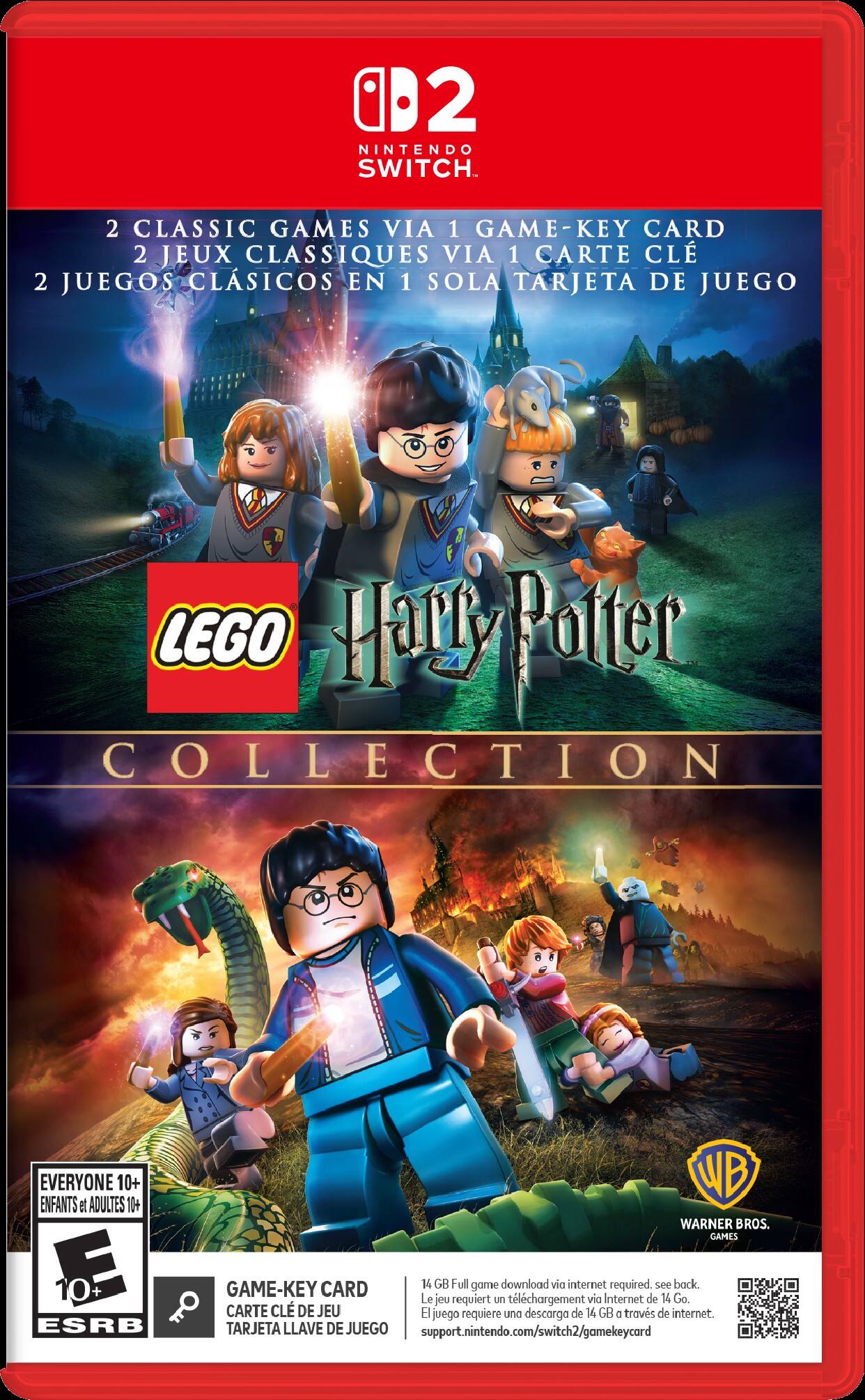 2 NINTENDO SWITCH  
2 CLASSIC GAMES VIA 1 GAME-KEY CARD  
2 JEUX CLASSIQUES VIA 1 CARTE CLÉ  
2 JUEGOS CLÁSICOS EN 1 SOLA TARJETA DE JUEGO  

LEGO Harry Potter COLLECTION  
EVERYONE 10+  
ENFANTS et ADULTES 10+  
WARNER BROS. GAMES  

GAME-KEY CARD  
CARTE CLÉ DE JEU  
TARJETA LLAVE DE JUEGO  

14 GB full game download via internet required.  
Le jeu requiert un téléchargement via Internet de 14 Go.  
El juego requiere una descarga de 14 GB a través de Internet.  

support.nintendo.com/switch2/gamekeycard - E10+ (Everyone 10+)