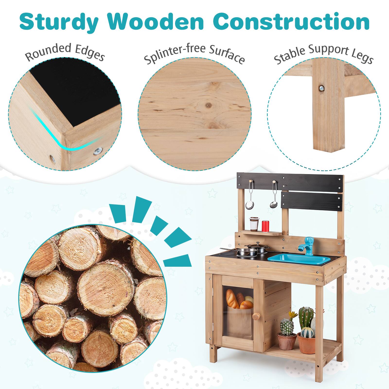 Sturdy Wooden Construction  
Rounded Edges  
Splinter-free Surface  
Stable Support Legs