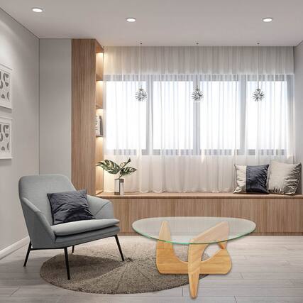 Front. Hivvago - Adjustable Rubberwood Base Triangle Coffee Table with Sleek Glass Top - Natural.