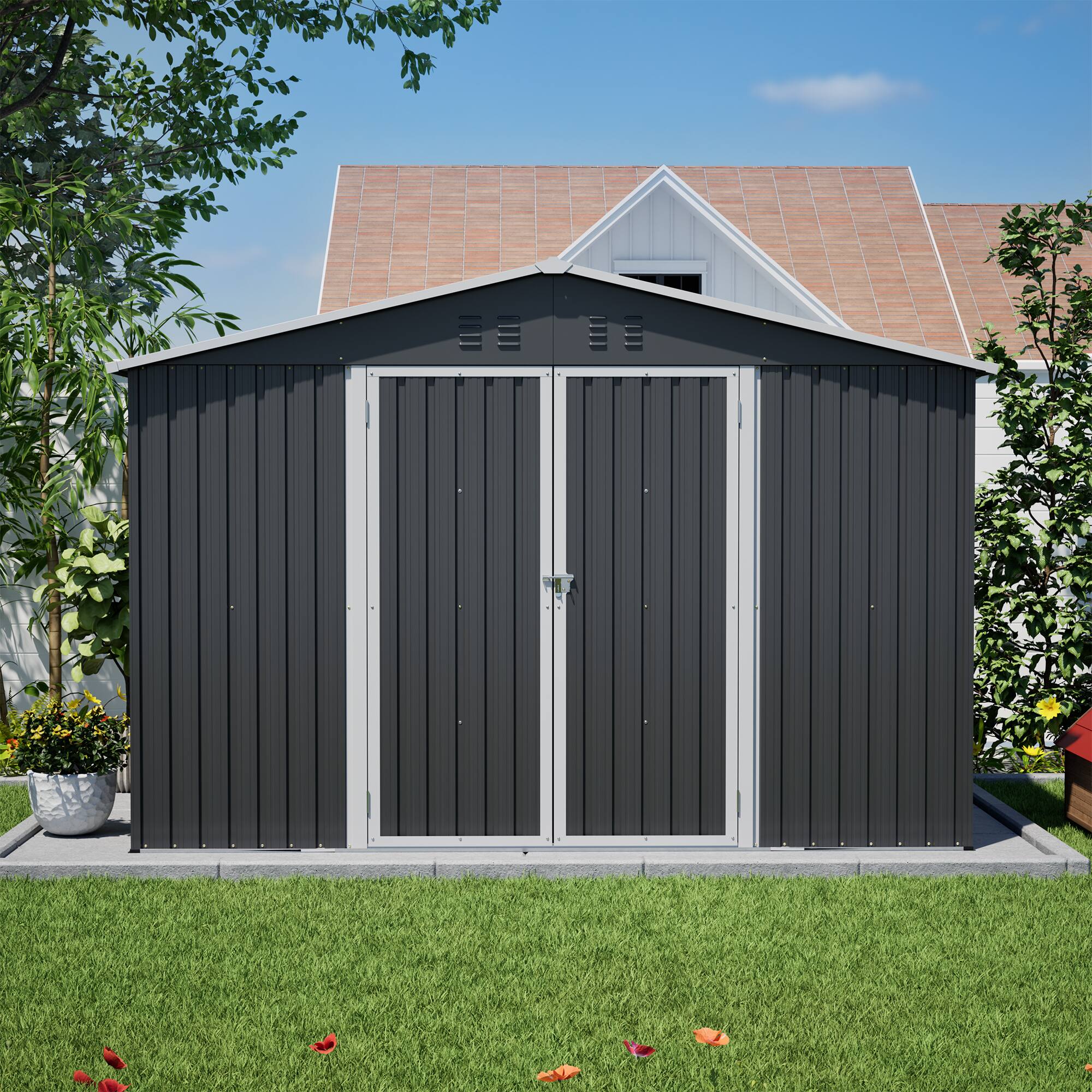 Alt View 8. Loheer - Loheer 10x10 Metal Storage Shed Heavy Duty Black Outdoor Garden Shed Lockable Double Doors.