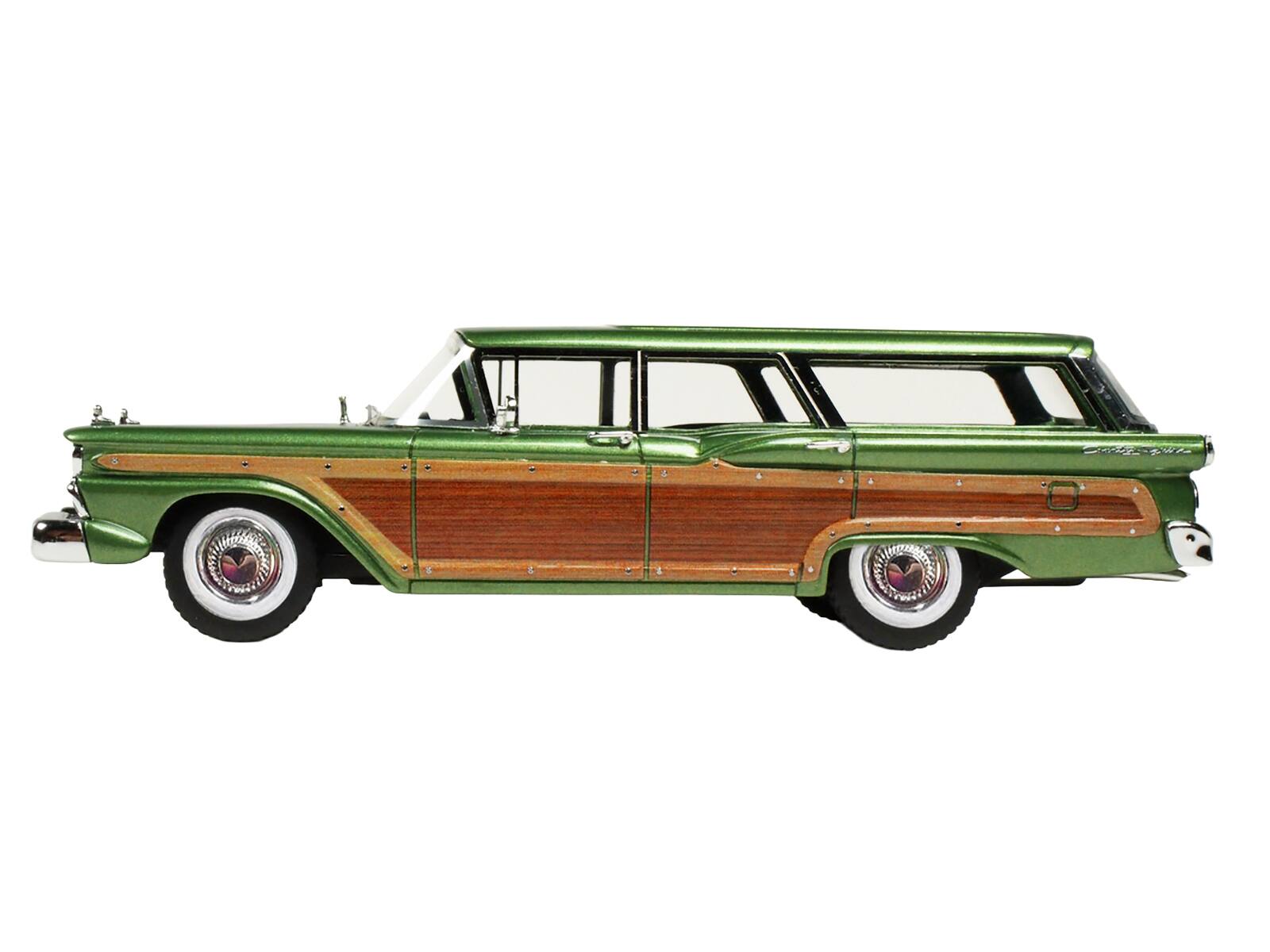 Left. Goldvarg Collection - 1959 Ford Country Squire 1/43 Sherwood Green Metallic Woodgrain Sides Green Interior Limited Edition 200pcs - Green Metallic.