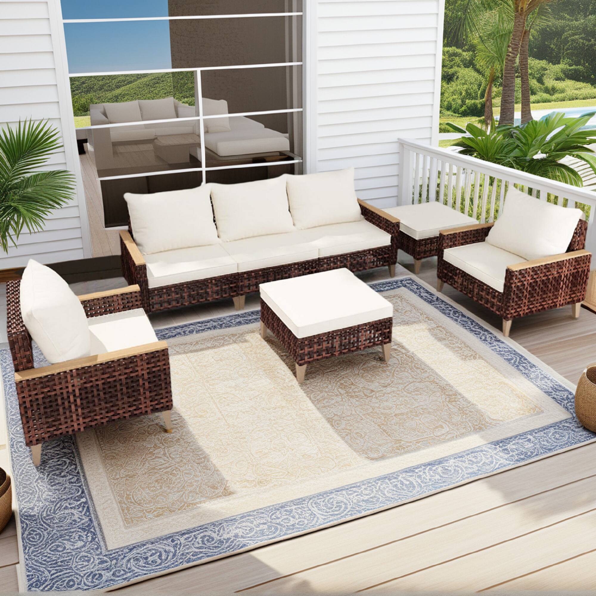 Front. Mondawe - 5 pieces Rattan Furniture Sof Set with Cushion - White.