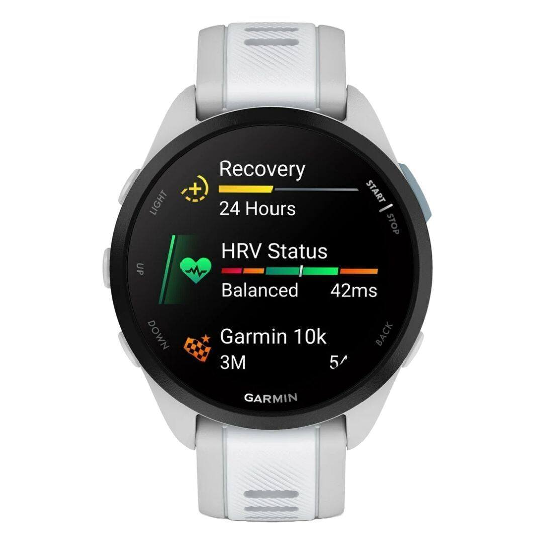 Recovery  
24 Hours  

HRV Status  
Balanced  
42ms  

Garmin 10k  
3M  
5'  

LIGHT UP DOWN  
START / STOP  
BACK  

GARMIN