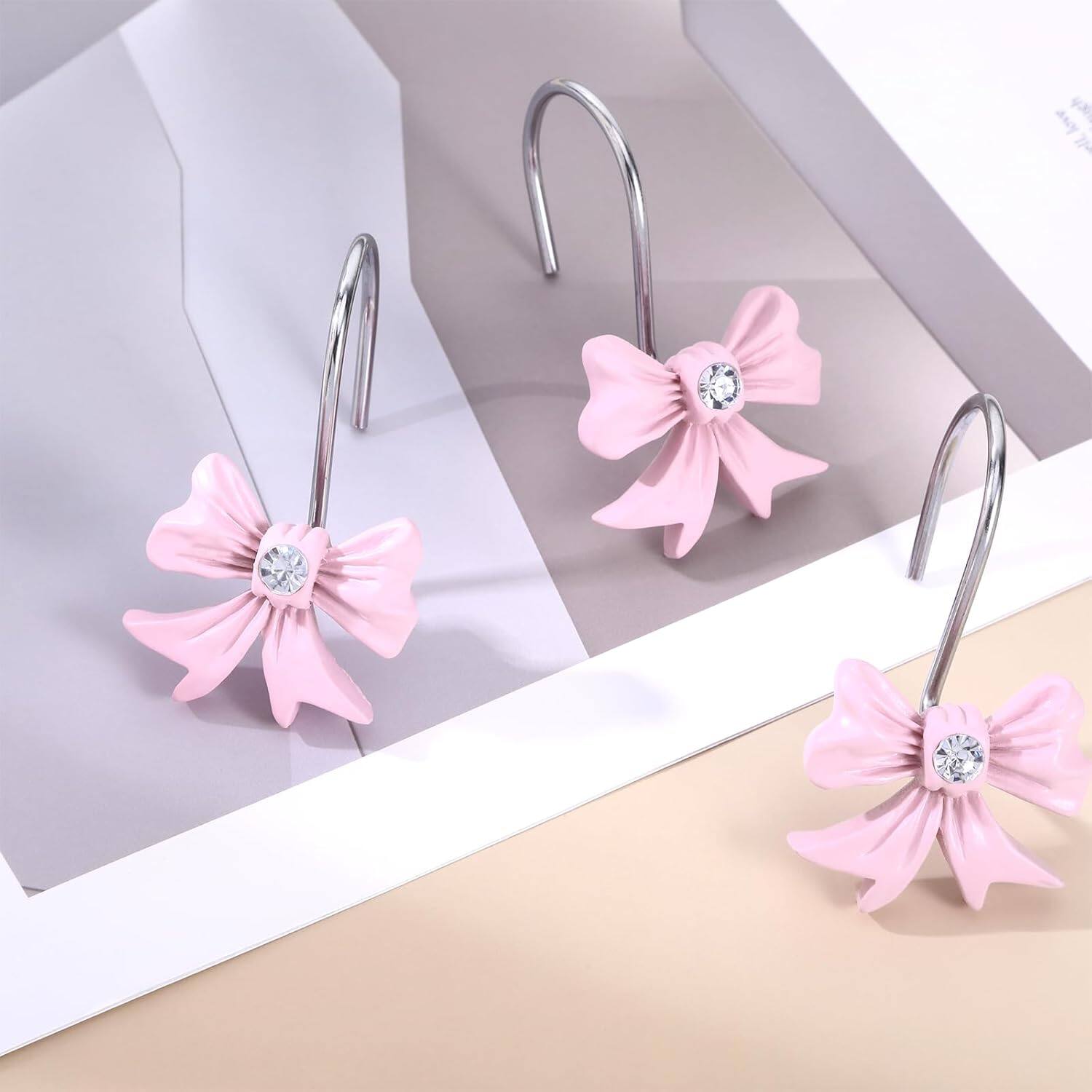 Left. Acteck - 12 Pcs Bow Shower Curtain Hooks, Resin Pink Shower Curtain Hooks Rustproof Stainless Steel, Cute Bow Bathroom Decor - Pink.
