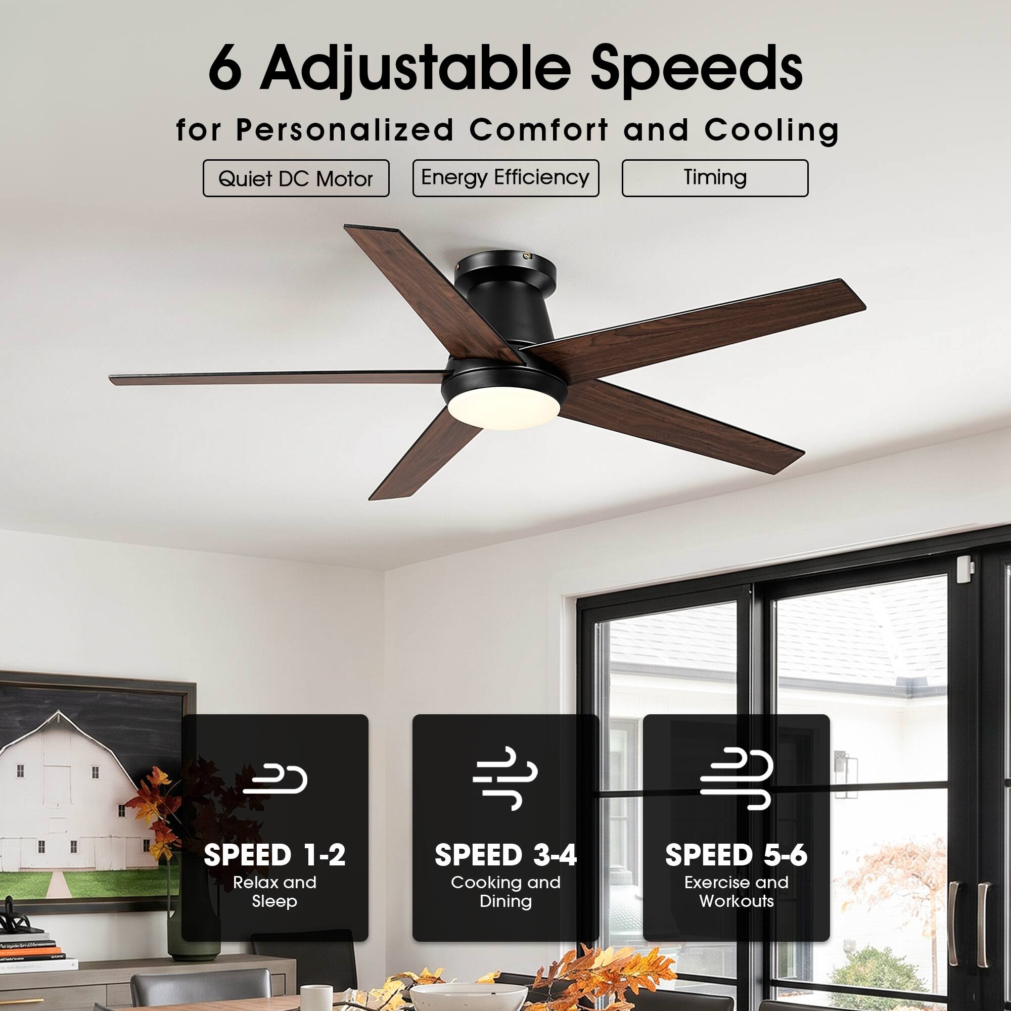 6 Adjustable Speeds for Personalized Comfort and Cooling  
Quiet DC Motor  
Energy Efficiency  
Timing  

SPEED 1-2  
Relax and Sleep  

SPEED 3-4  
Cooking and Dining  

SPEED 5-6  
Exercise and Workouts