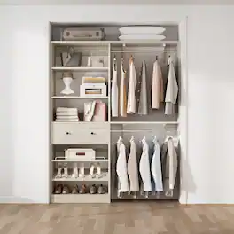 Aheaplus - Reversible 5FT Wood Closet Organizer System with Drawer, 2 Hanging Rods, and Adjustable Shelf, Wall Mounted - Beige Oak
