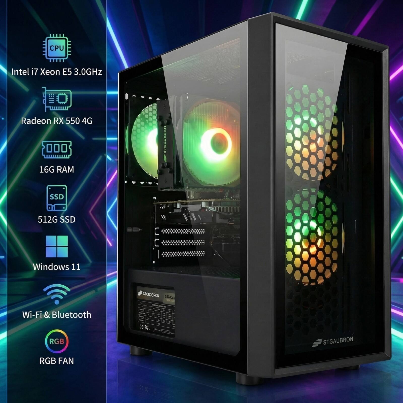 CPU: Intel i7 Xeon E5 3.0GHz  
GPU: Radeon RX 550 4G  
RAM: 16G  
SSD: 512G  
OS: Windows 11  
Wi-Fi & Bluetooth  
RGB Fan  
Case: STGAUBRON 904C  
RGB FAN