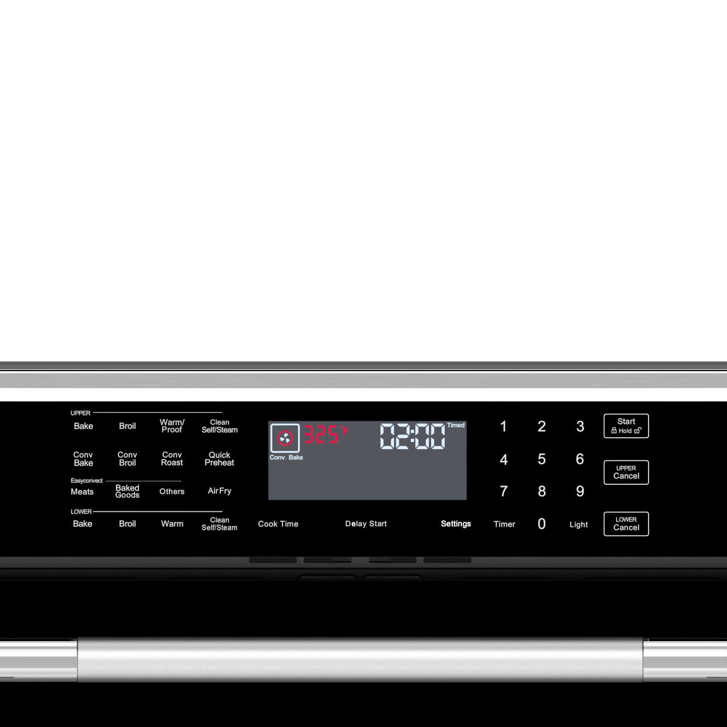 The text on the image is grouped and corrected as follows:

1. Bake Broil: This setting is for baking or broiling food items in the oven.
2. Convection Bake: This setting uses a convection fan to circulate hot air around the food, resulting in even cooking.
3. Convection Broil: Similar to Convection Bake, but with the added feature of broiling the food for a crispier texture.
4. Easycone Baked Meats & Goods: This setting is specifically designed for baking meats and other food items in a convection oven.
5. Warm/Clean: This setting is used for preheating the oven to a warm temperature, followed by a cleaning cycle to remove any grease or food residue.
6. Proof: This setting is used for proofing dough, which involves steaming the dough to achieve the desired texture and rise.
7. Self/Steam Cook Time Delay Start: This setting allows you to set a delay before the cooking process begins, ensuring that the food is cooked at the right temperature.
8. Start/Hold: This setting initiates the cooking process and keeps the food warm until it's ready to be served.
9. Cancel: This setting allows you to cancel the cooking process if needed.
10. Light: This setting is used for low-temperature cooking, such as baking or roasting.

These settings are available for both the upper and lower oven sections of the microwave oven, providing versatile cooking options for various food items and cooking methods.