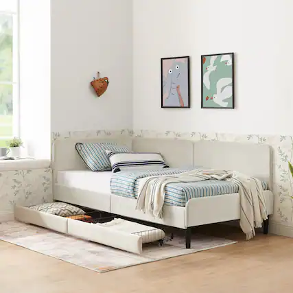 Front. GOODSILO - Twin Size Upholstered Platform Sofa Bed Frame with Dual Storage Drawers for Space Saving Solutions - Beige.