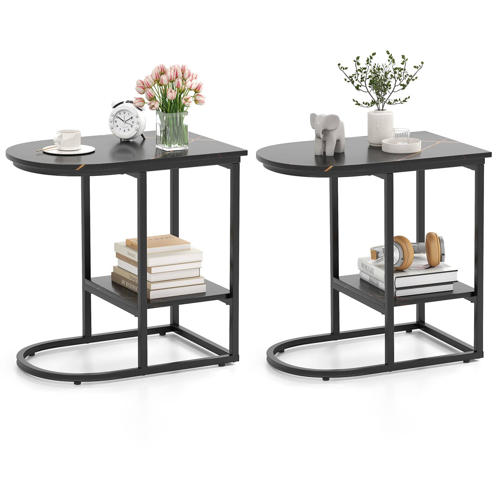 Gymax - 2PCS C-Shaped Side Table Compact 2-tier Storage End Table for Small Space - Black