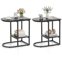 Gymax - 2PCS C-Shaped Side Table Compact 2-tier Storage End Table for Small Space - Black