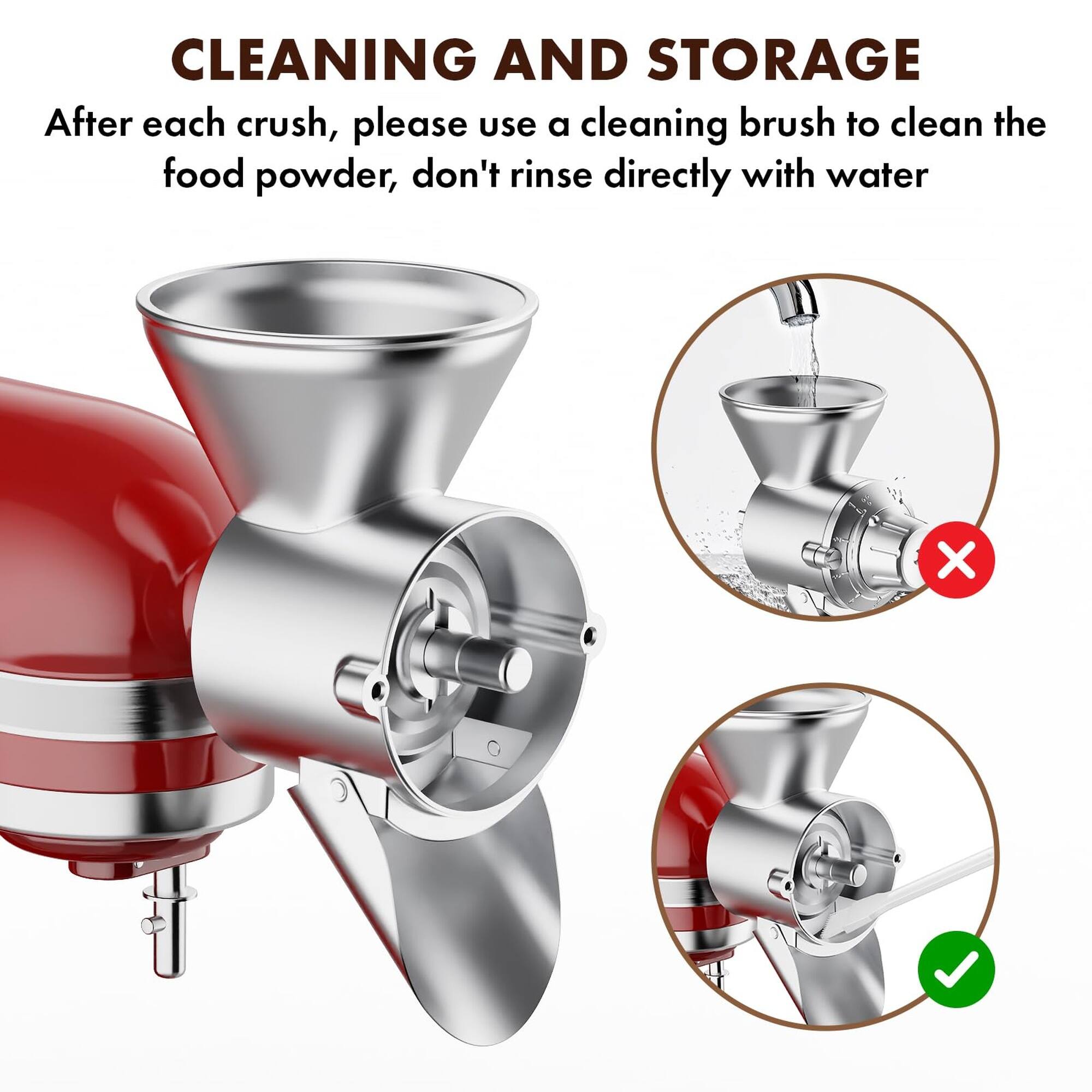 CLEANING AND STORAGE

After each crush, please use a cleaning brush to clean the food powder, don't rinse directly with water