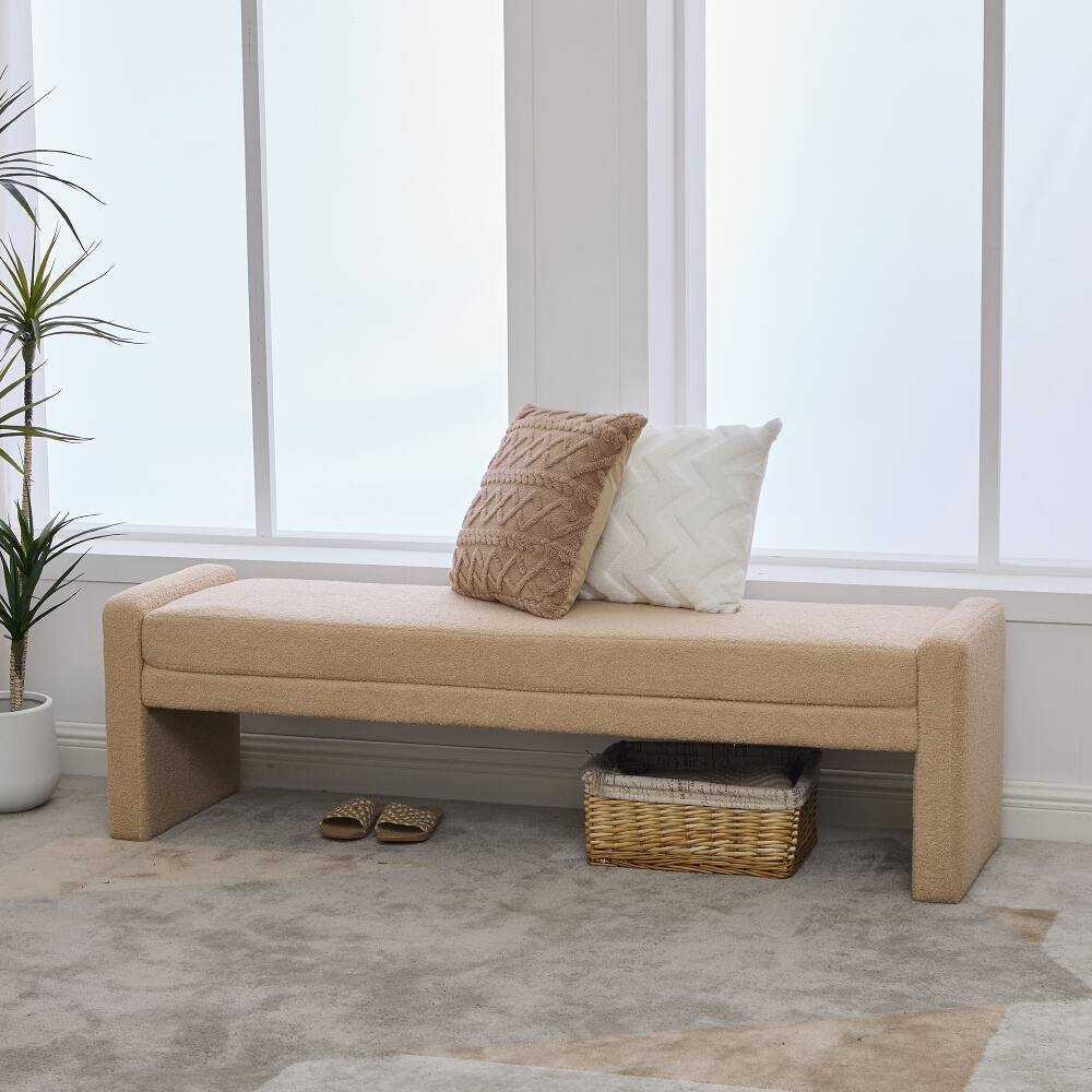 Left. Ropilly - Ropilly Modern Upholstered End of Bed Bench Wheat Tufted Teddy Fabric Oversized Entryway Window Seat - Wheat.