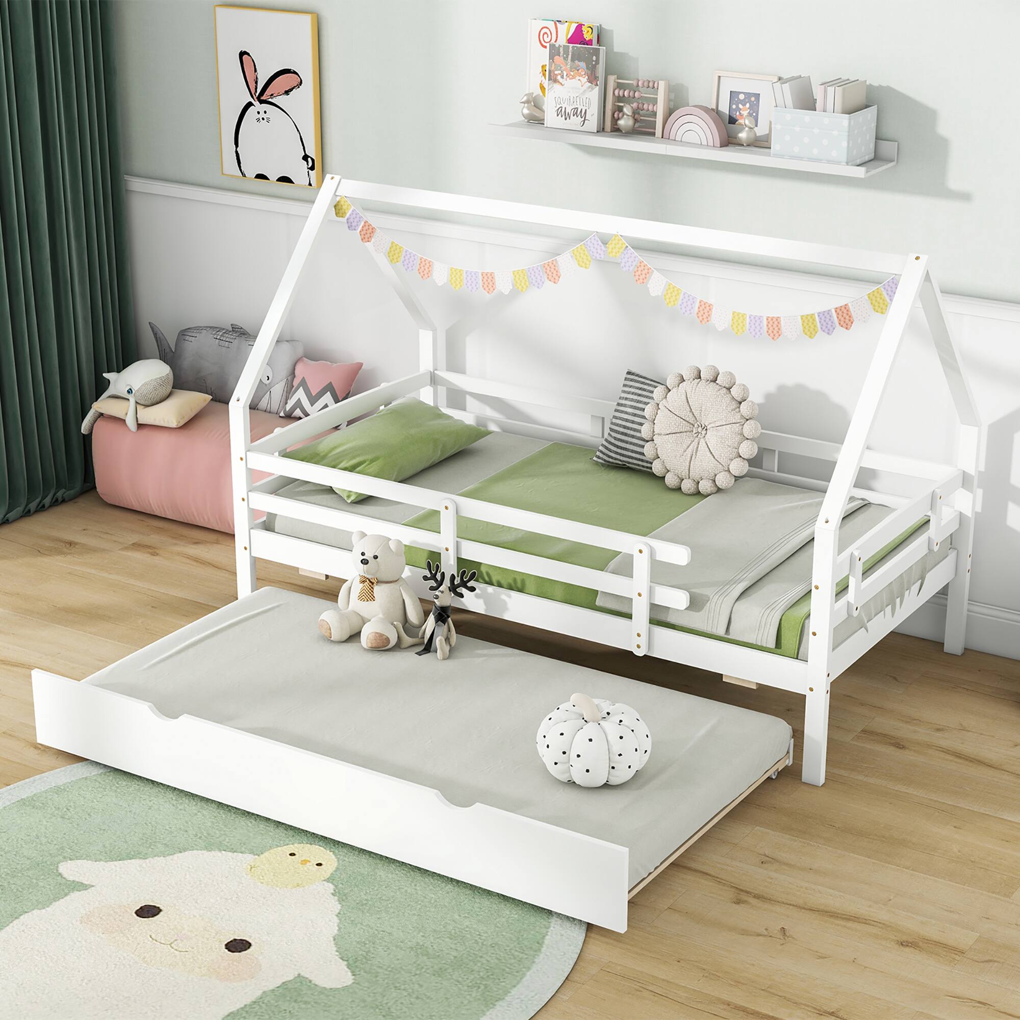 Alt View 3. Gymax - Gymax Twin Size House Bed w/ Trundle Wooden Kids Bed w/ Safety Rails & Decorable Roof White - White.