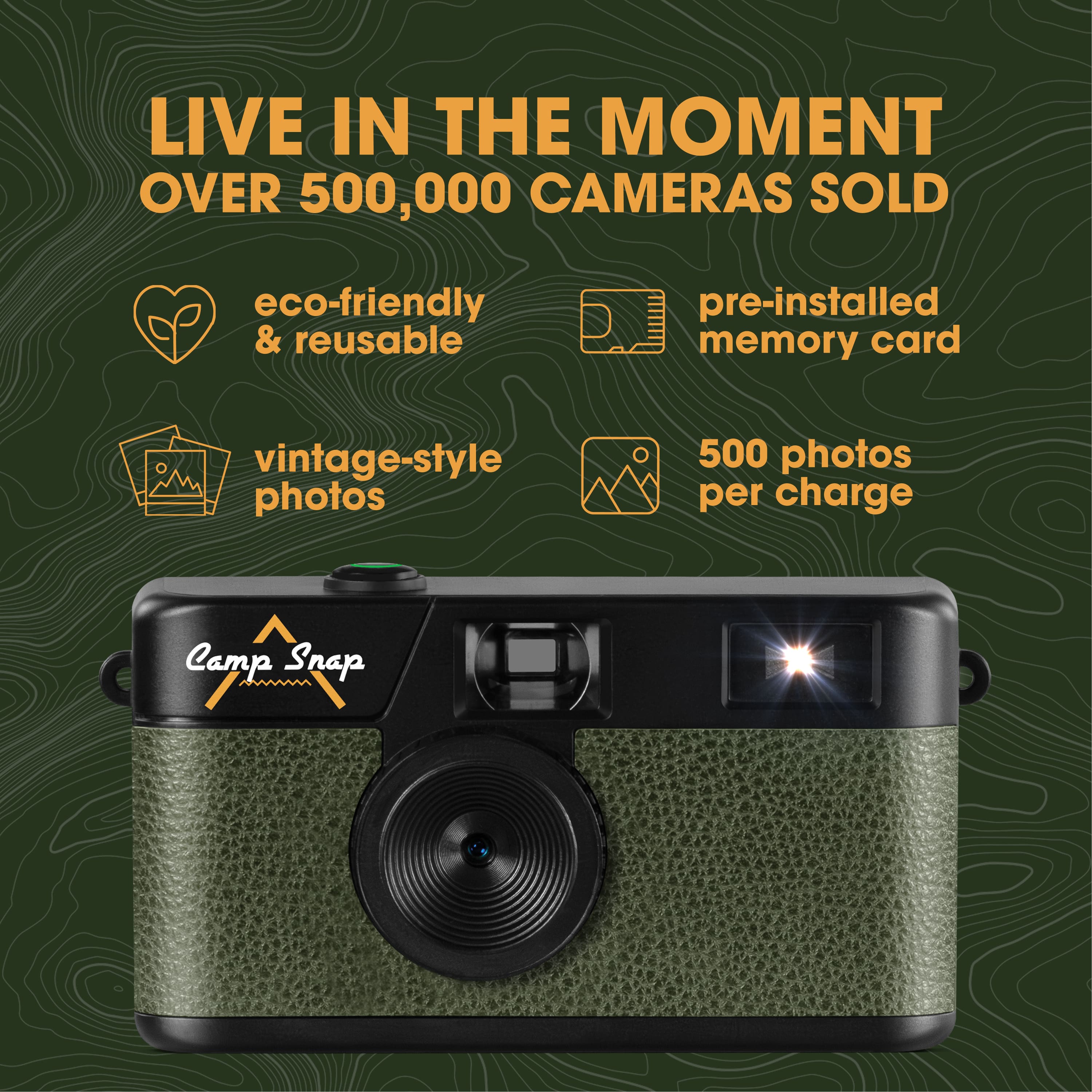 LIVE IN THE MOMENT
OVER 500,000 CAMERAS SOLD
- eco-friendly & reusable
- vintage-style photos
- pre-installed memory card
- 500 photos per charge
Camp Snap