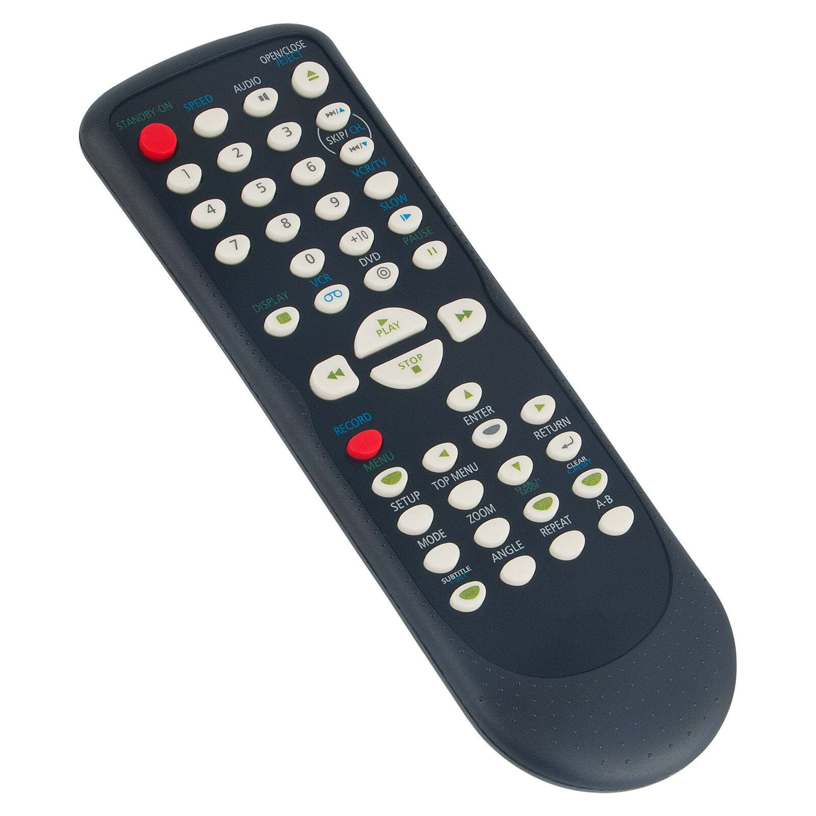 OPEN/CLOSE EJECT AUDIO SPEED D ON STANDBY 3 CH SKIP 2 HAY 6 VCR/TV 1 5 9 SLOW 4 8 7 +10 PAUSE 11 0 DVD DISPLAY 00 PLAY STOP RECORD ENTER RETURN MENU MENU CLEAR TOP R SETUP ZOOM A-B MODE REPEAT ANGLE SUBTITLE