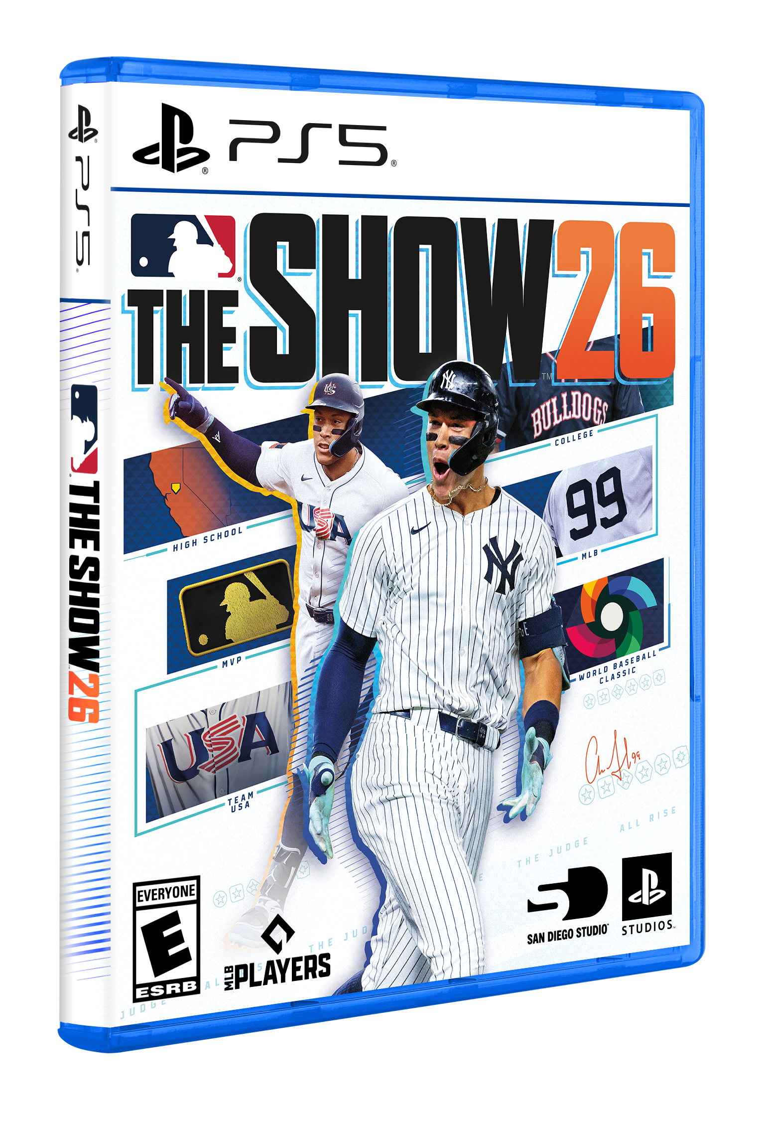 PS5  
THE SHOW 26  
BULLDOGS COLLEGE SCHOOL USA 99  
HIGH SCHOOL MVP  
BASEBALL WORLD CLASSIC  
TEAM USA  
ALL RISE  
THE JUDGE  
EVERYONE  
ESRB E  
SAN DIEGO STUDIO  
STUDIOS.