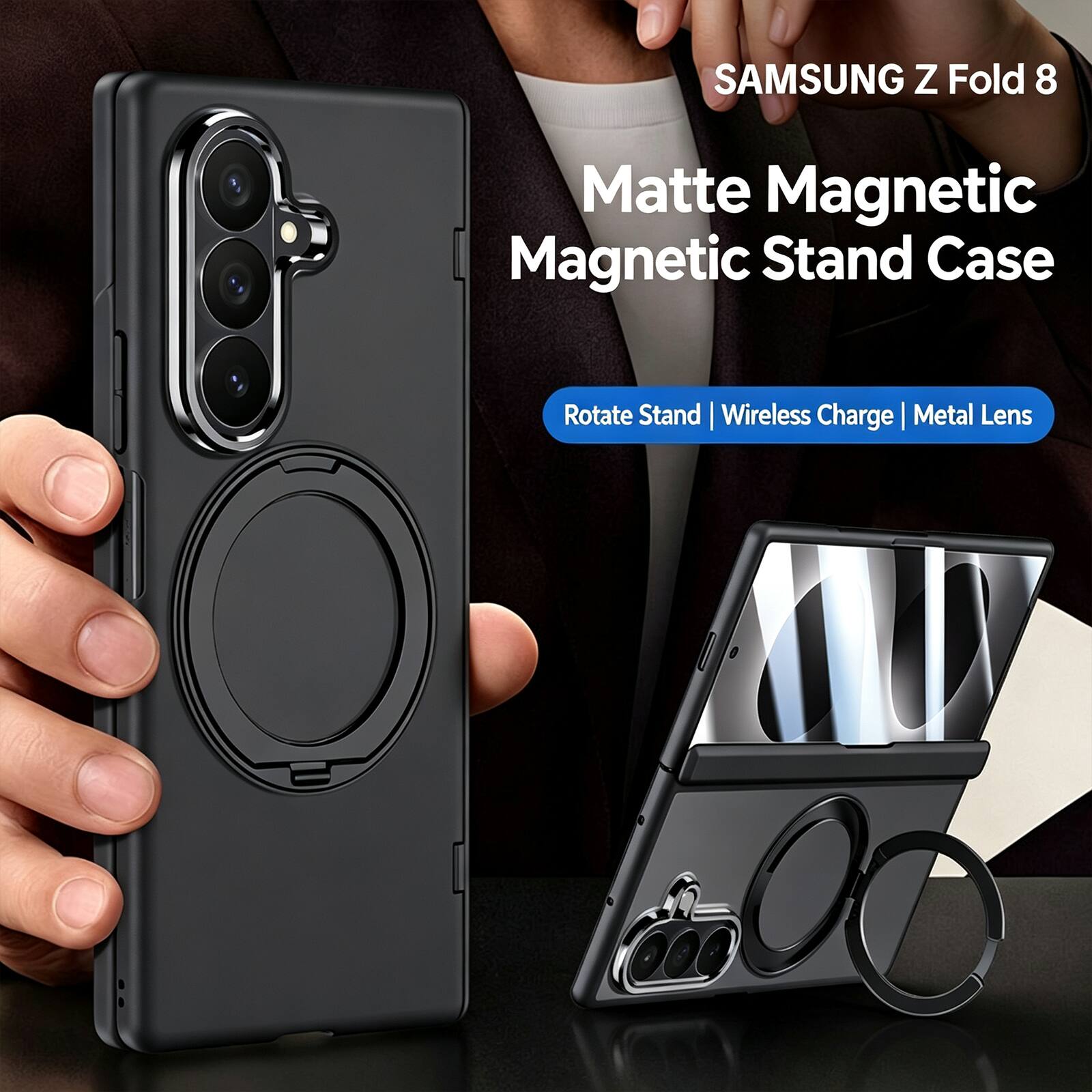 SAMSUNG Z Fold 8 Matte Magnetic Magnetic Stand Case | Rotate Stand | Wireless Charge | Metal Lens