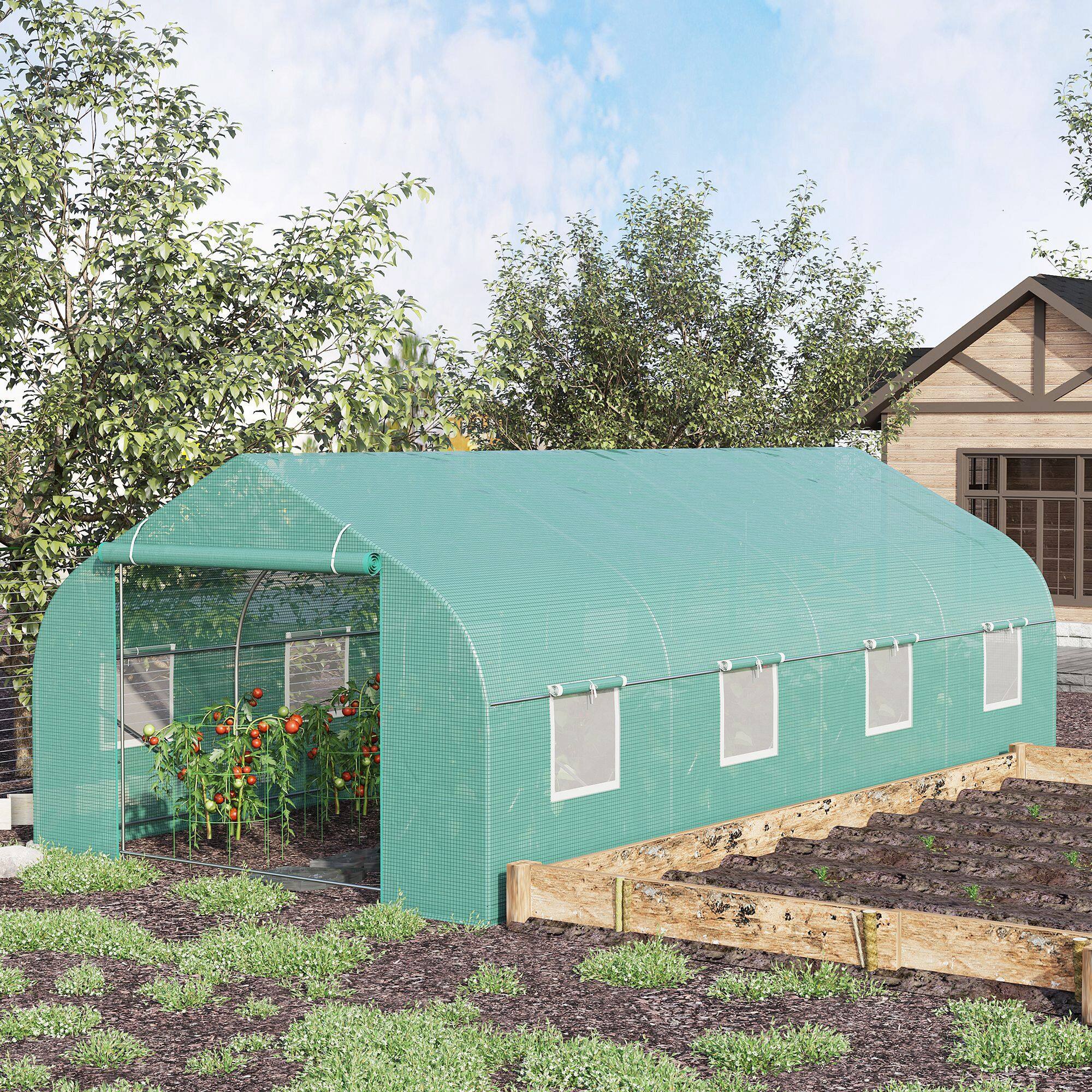 Alt View 1. Outsunny - 20' x 10' x 7' Outdoor Walk-in Greenhouse, Tunnel Green House with Roll-up Windows, Zippered Door, PE Cover - Green.